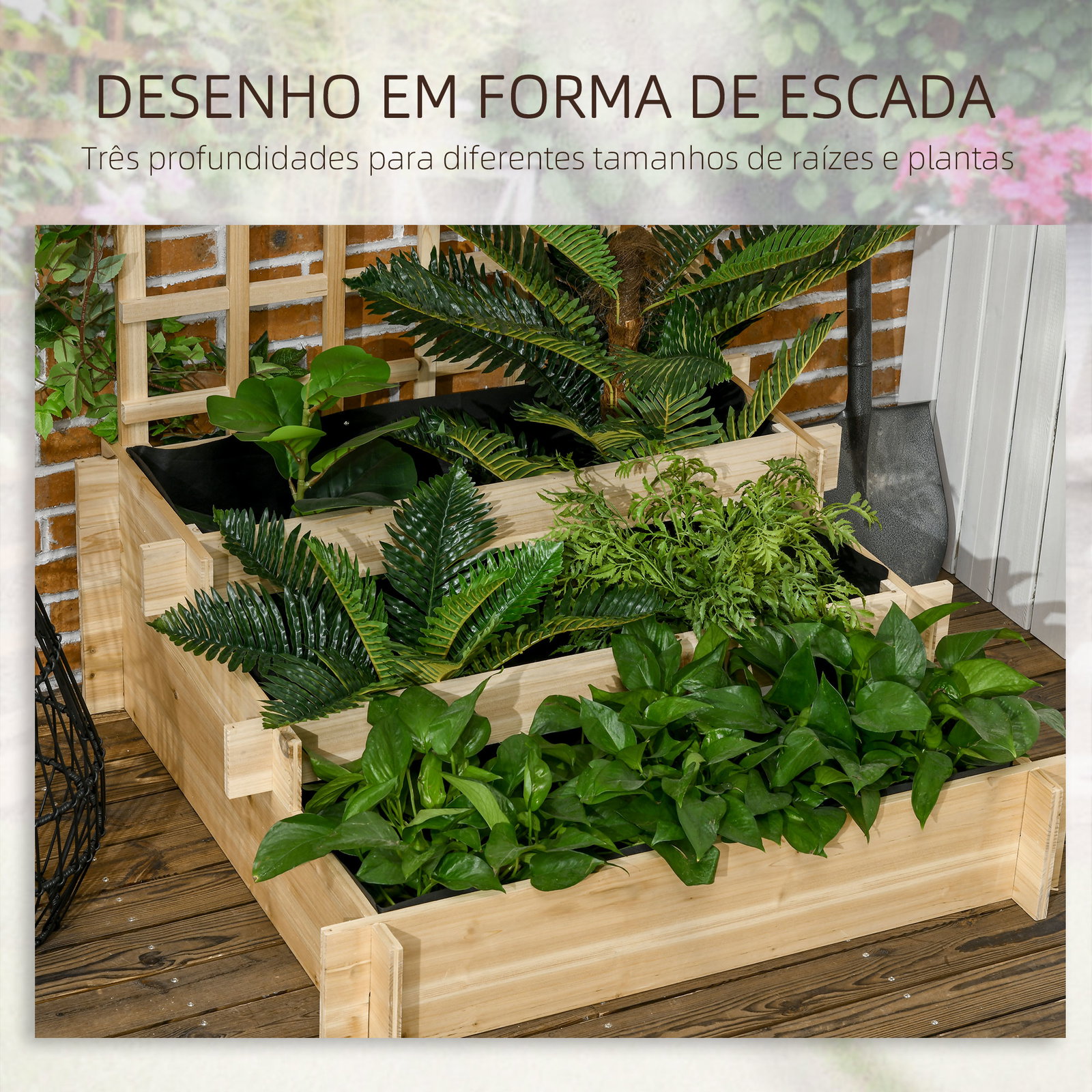 Floreira de 3 níveis com treliça hortal vertical com tecido não tecido para cultivos de verduras flores 95x95x110 cm madeira