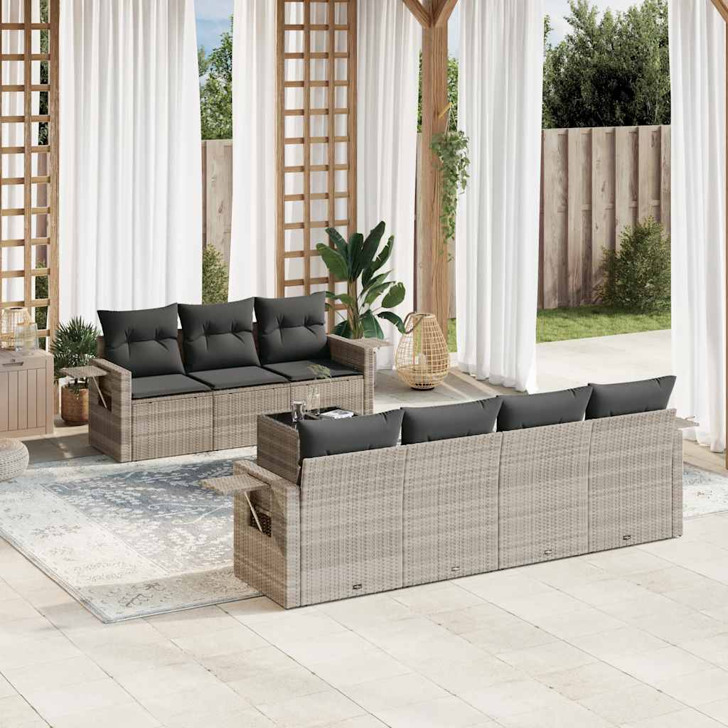 8 Pcs conj. sofás jardim c/ almofadões vime PE cinzento-claro
