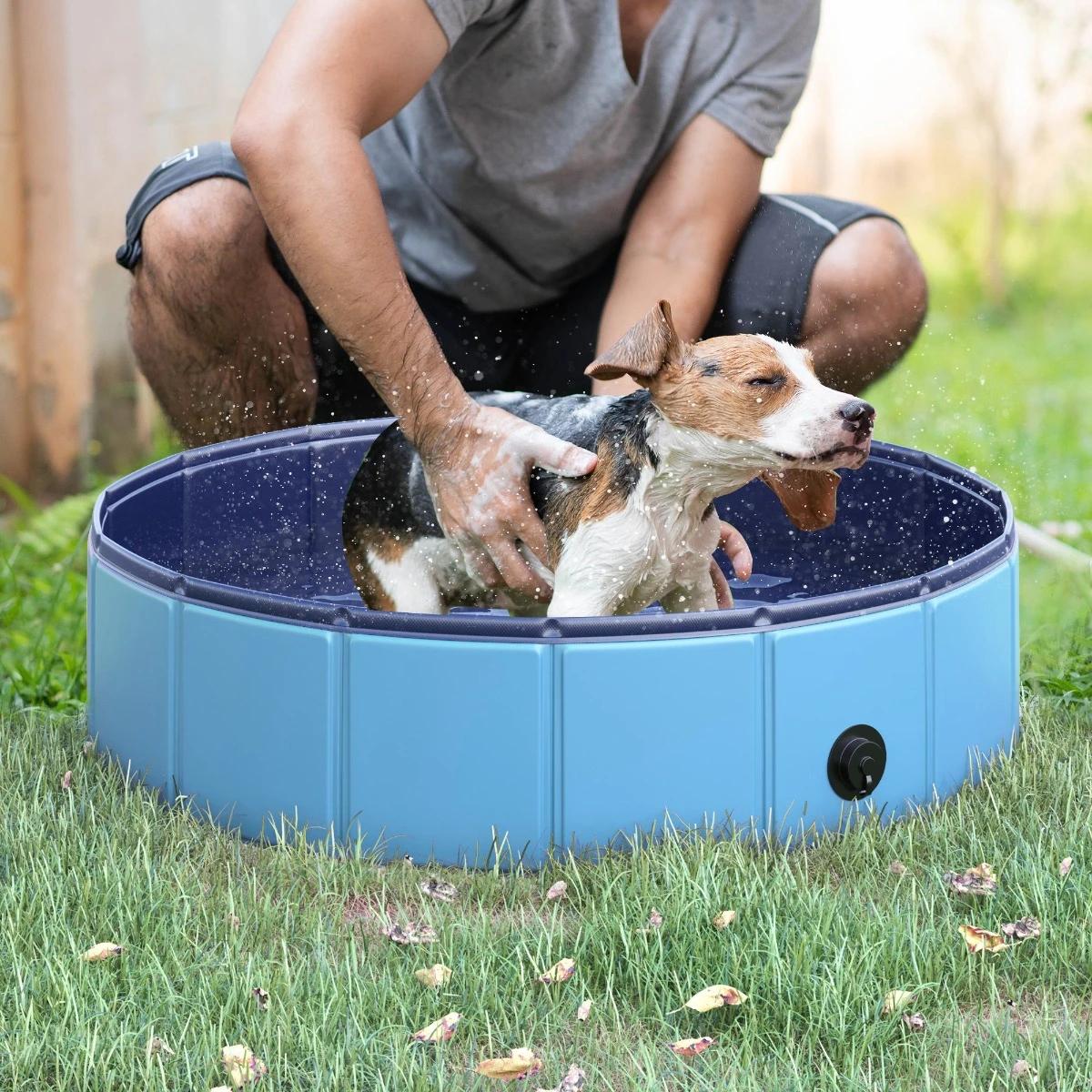 Piscina dobrável para cães ø80x20 cm banheira portátil para animais de estimação antiderrapante PVC multiusos cor azul