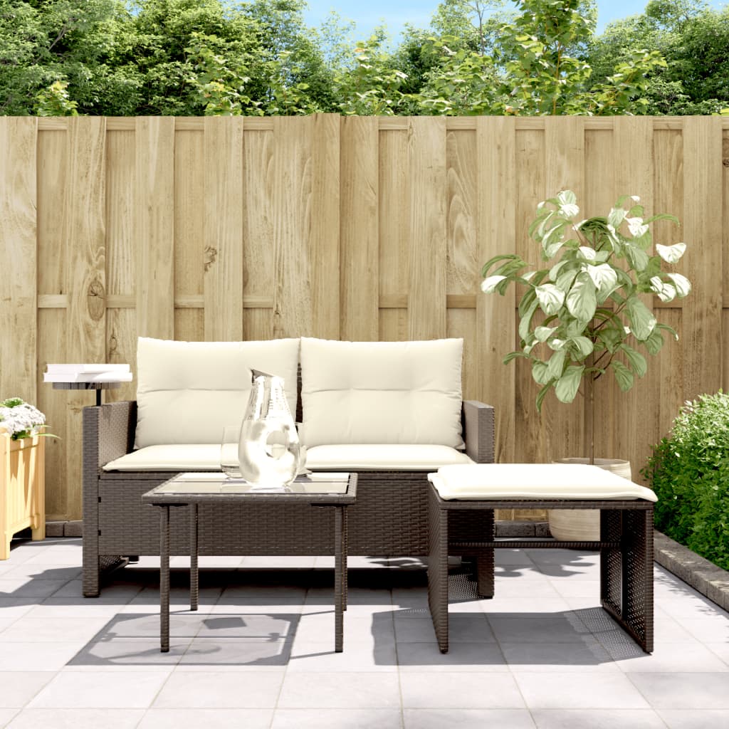 3 Pcs conjunto sofás de jardim com almofadões vime PE castanho