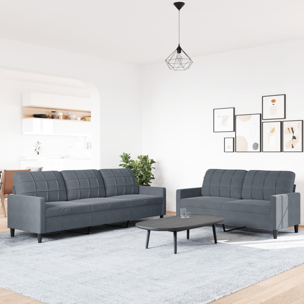 2 Pcs conjunto de sofás com almofadões veludo cinzento-escuro