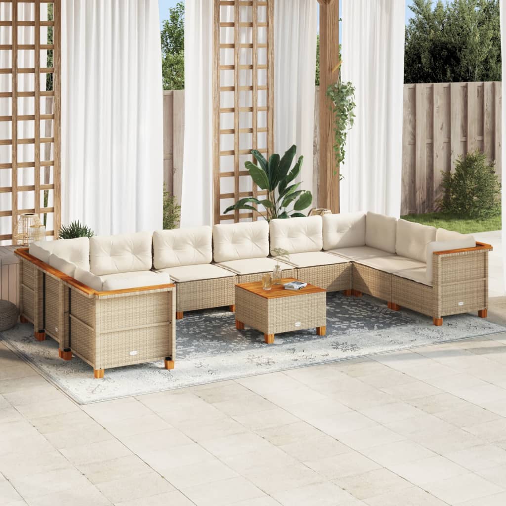 11 Pcs conjunto sofás de jardim c/ almofadões vime PE bege