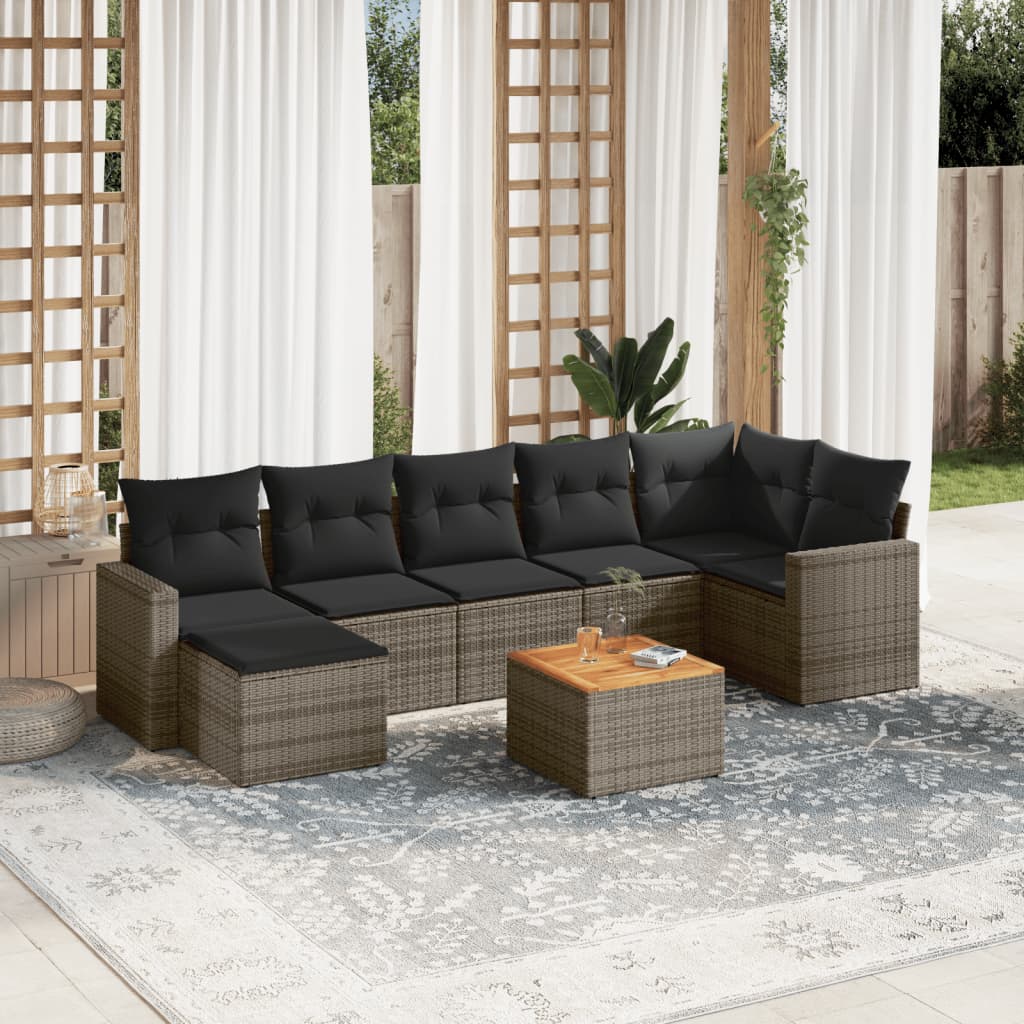 8 Pcs conjunto sofás de jardim c/ almofadões vime PE cinzento