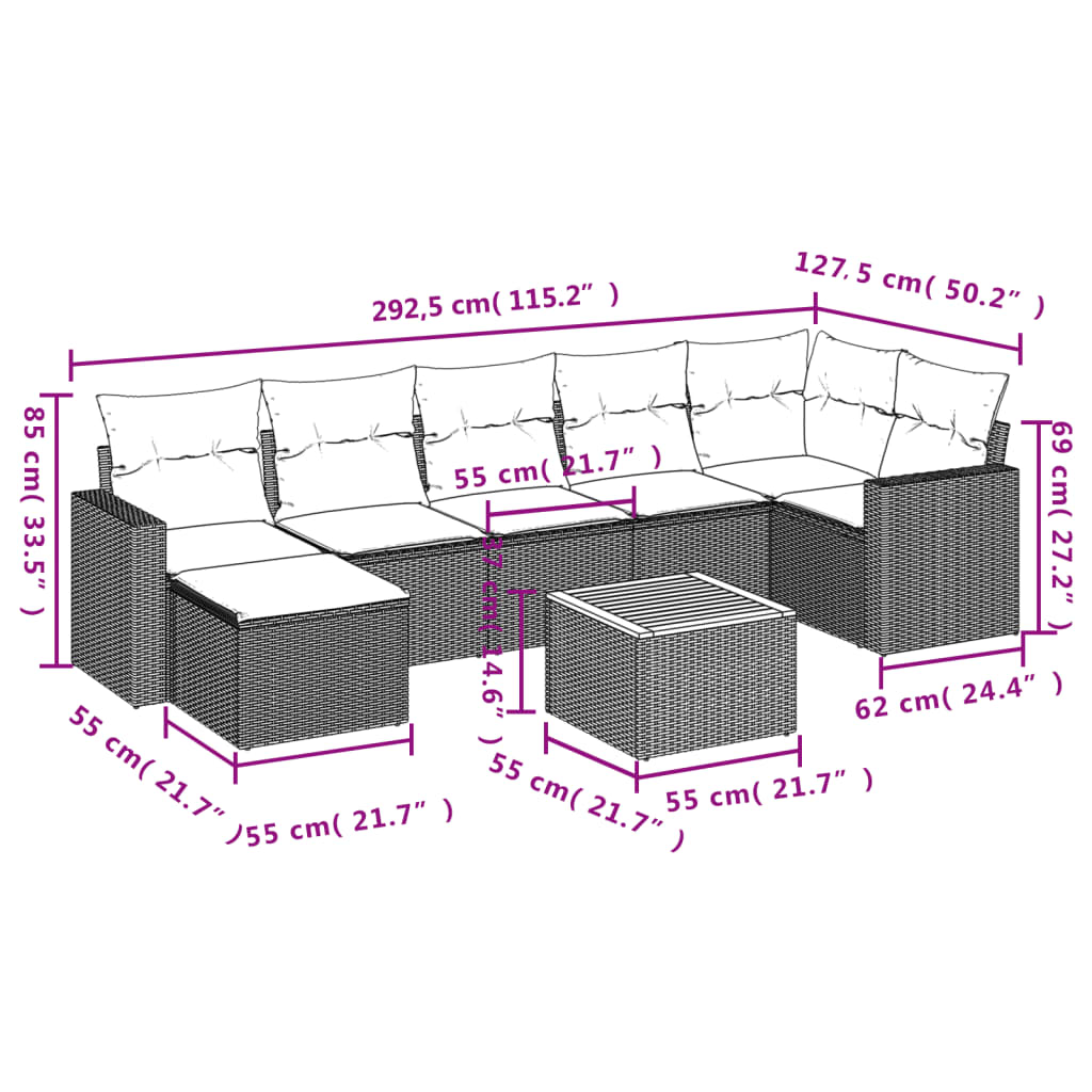 8 Pcs conjunto sofás de jardim c/ almofadões vime PE cinzento