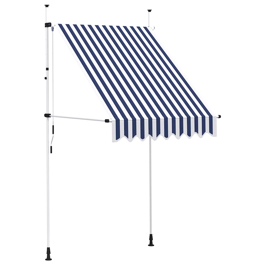 Toldo retrátil manual 150 cm riscas azuis e brancas
