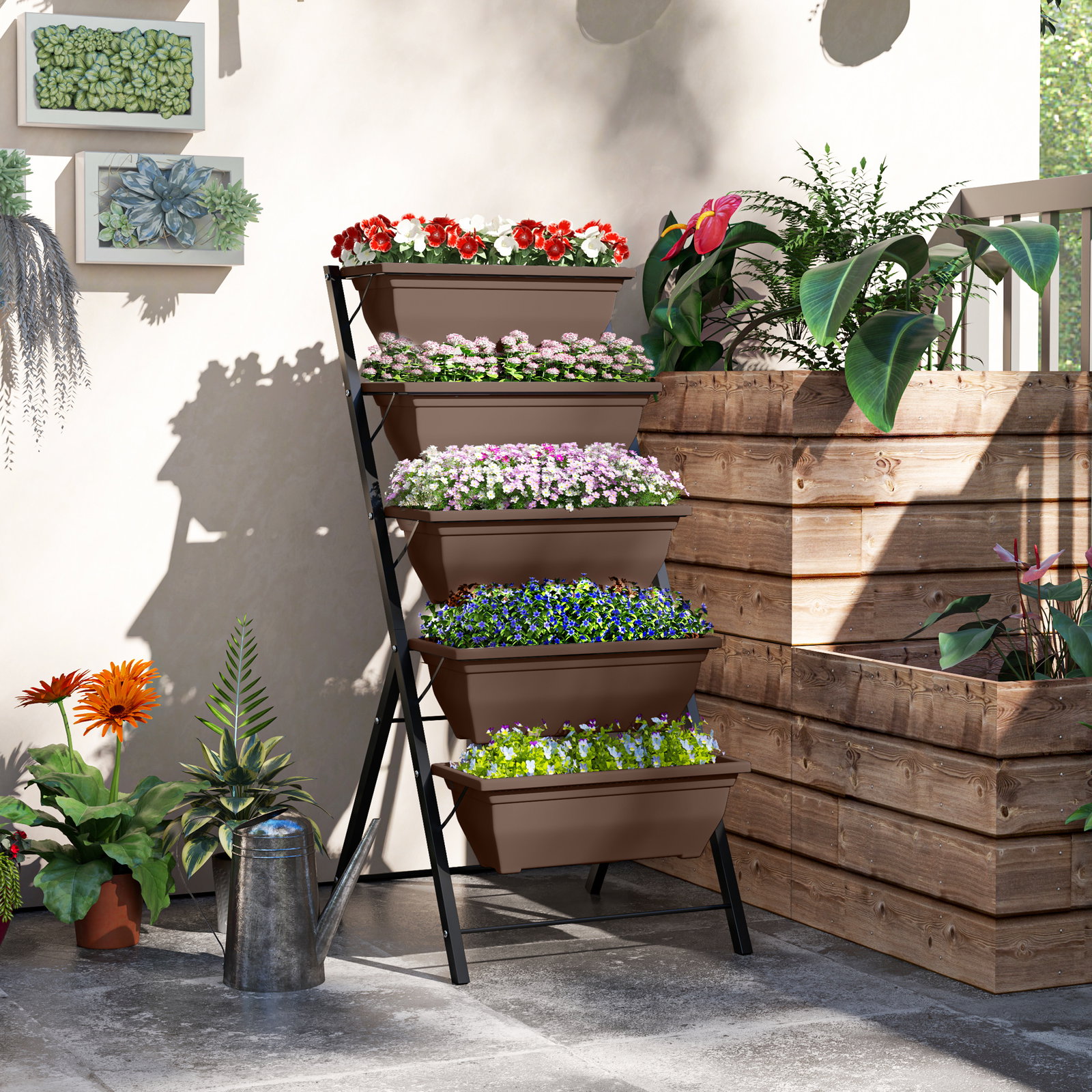Suporte para plantas de 5 níveis com 5 vasos orifícios de drenagem para interior e exterior 55x63x120 cm preto