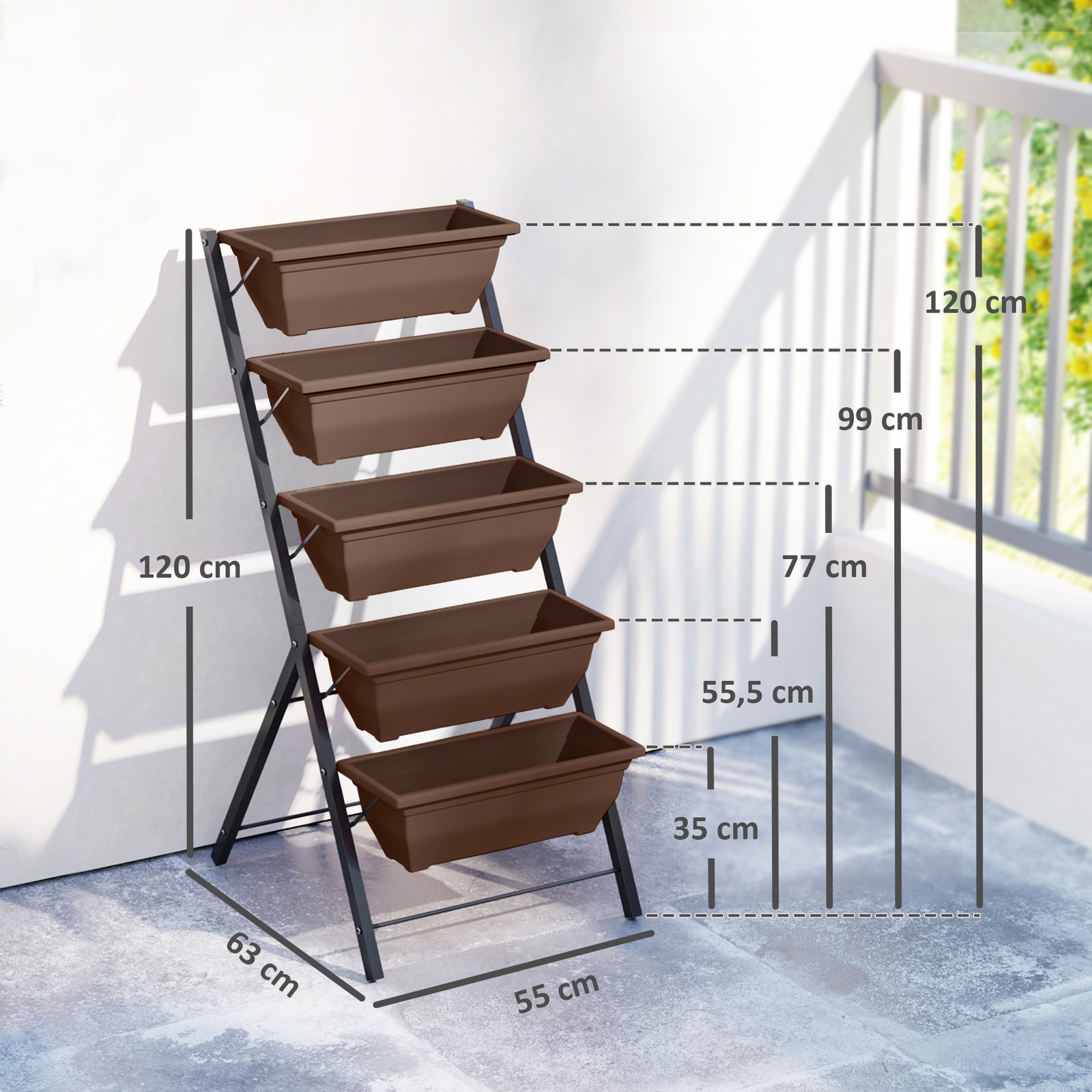 Suporte para plantas de 5 níveis com 5 vasos orifícios de drenagem para interior e exterior 55x63x120 cm preto
