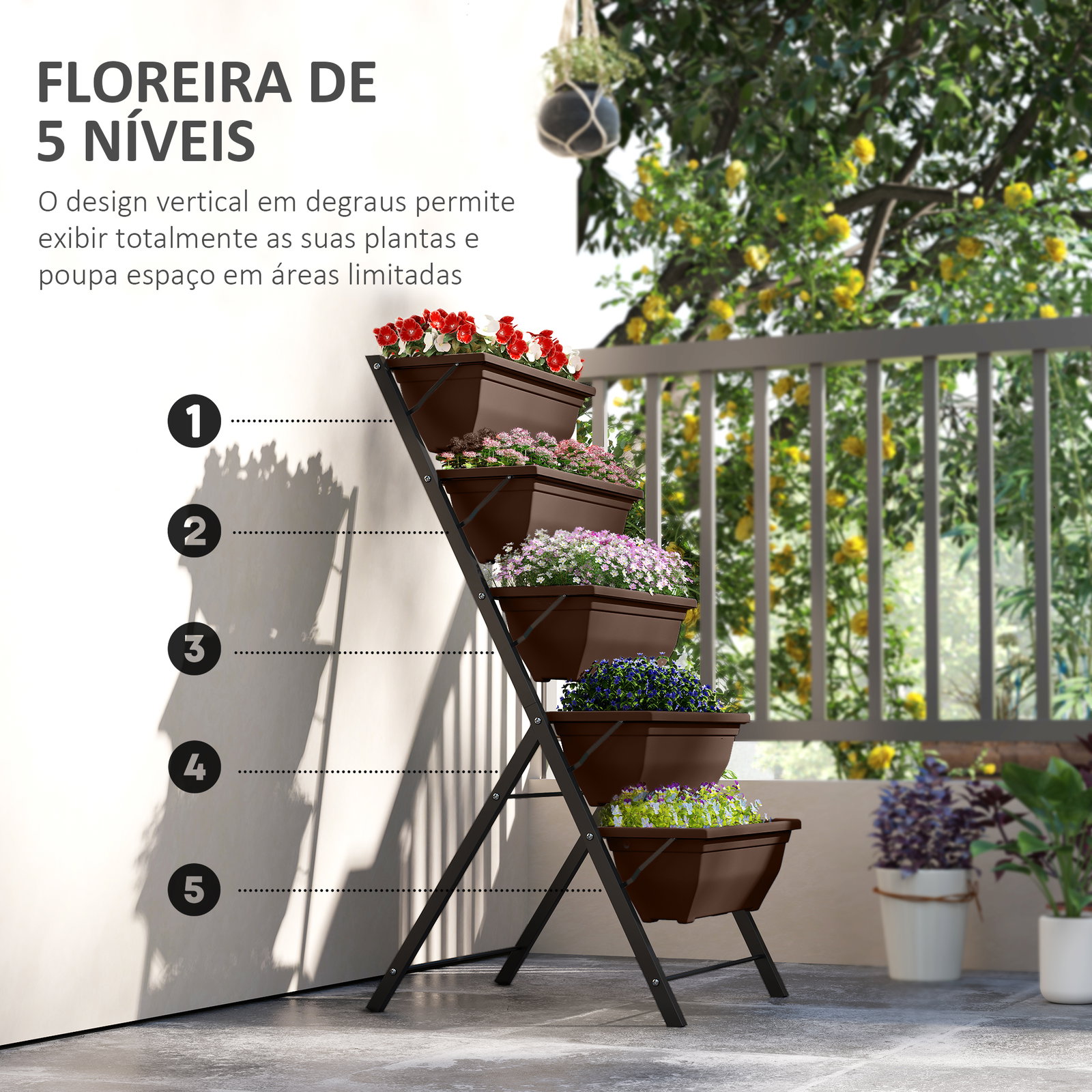 Suporte para plantas de 5 níveis com 5 vasos orifícios de drenagem para interior e exterior 55x63x120 cm preto