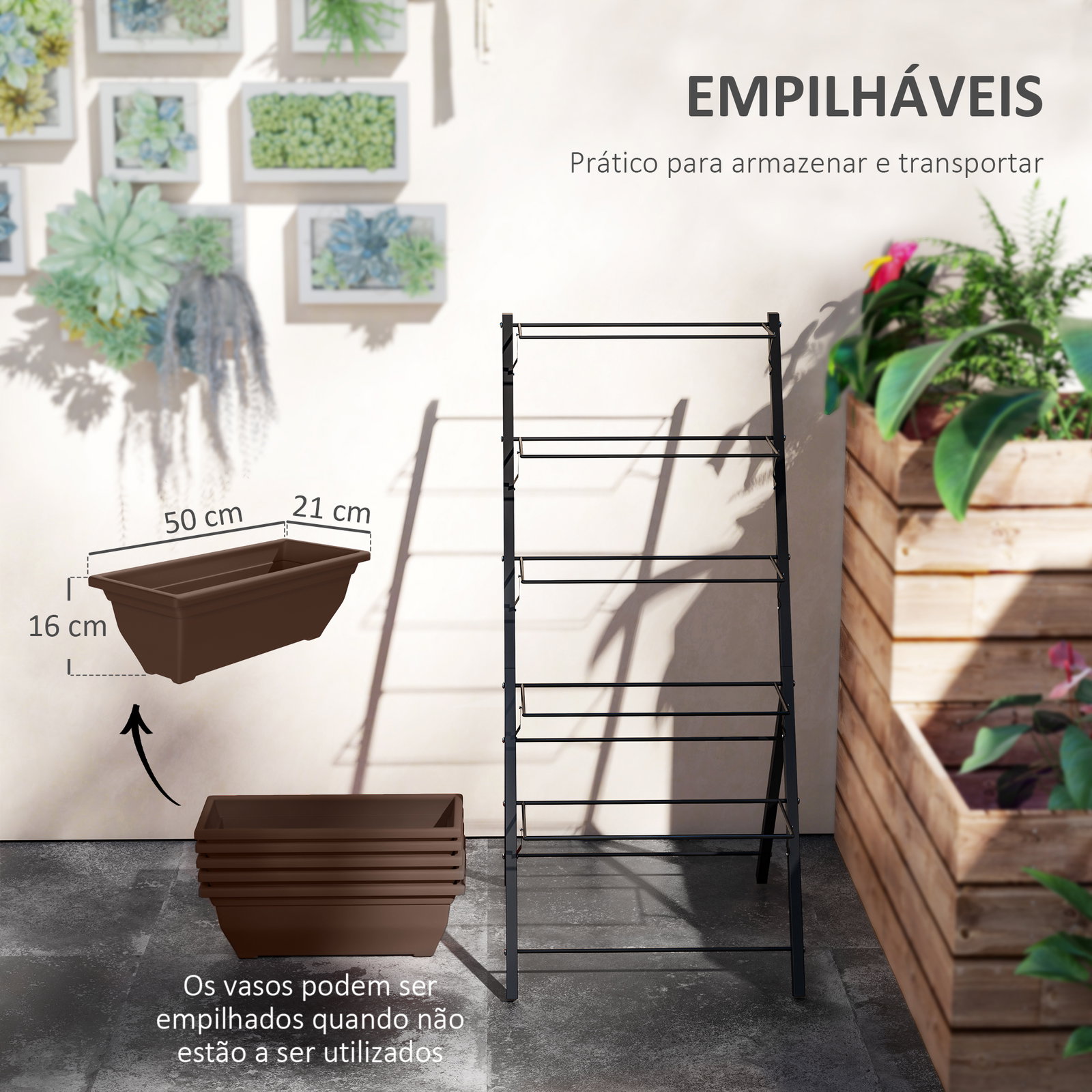Suporte para plantas de 5 níveis com 5 vasos orifícios de drenagem para interior e exterior 55x63x120 cm preto