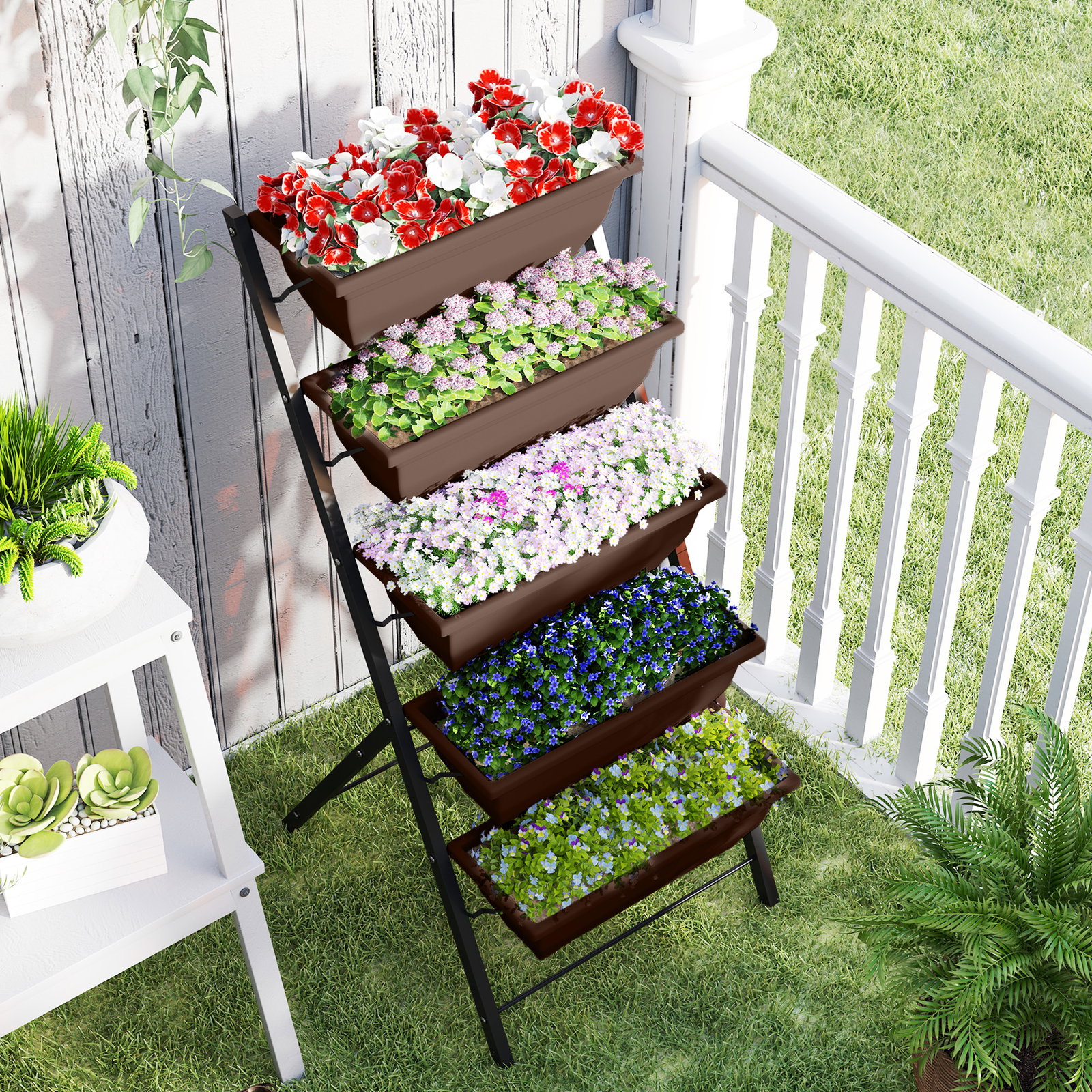 Suporte para plantas de 5 níveis com 5 vasos orifícios de drenagem para interior e exterior 55x63x120 cm preto