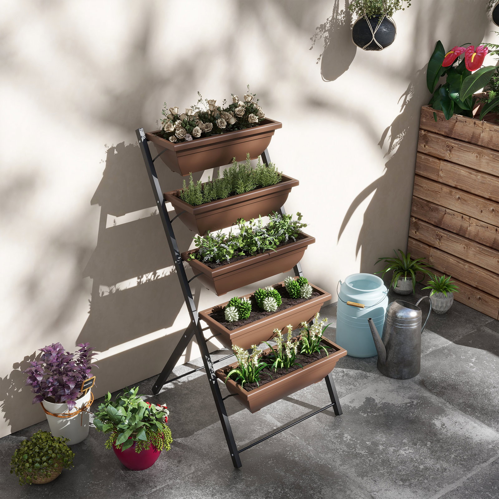 Suporte para plantas de 5 níveis com 5 vasos orifícios de drenagem para interior e exterior 55x63x120 cm preto