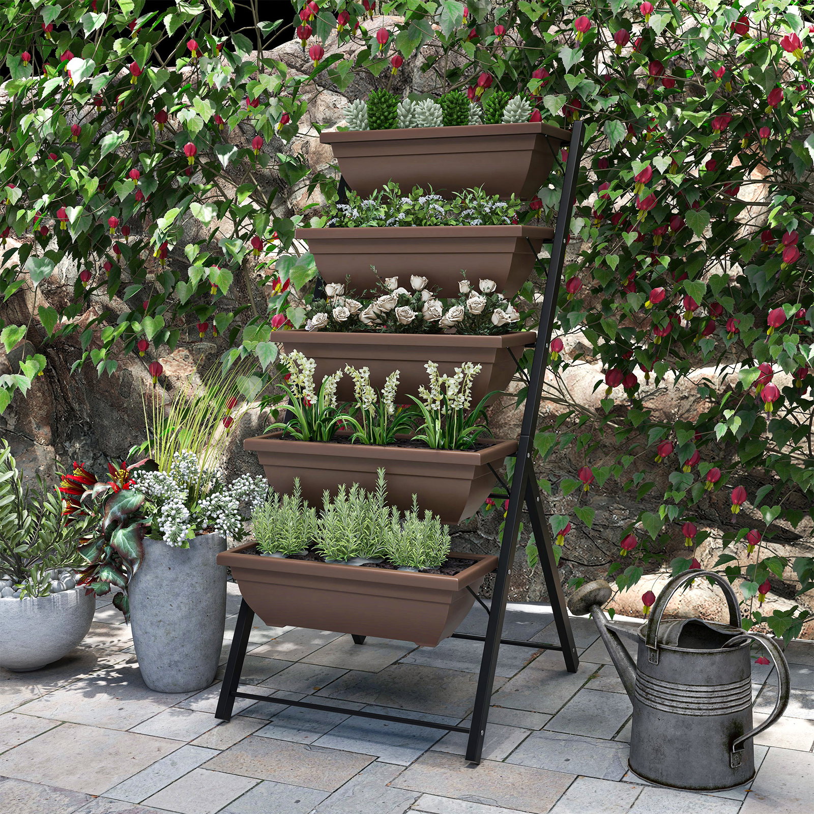 Suporte para plantas de 5 níveis com 5 vasos orifícios de drenagem para interior e exterior 55x63x120 cm preto