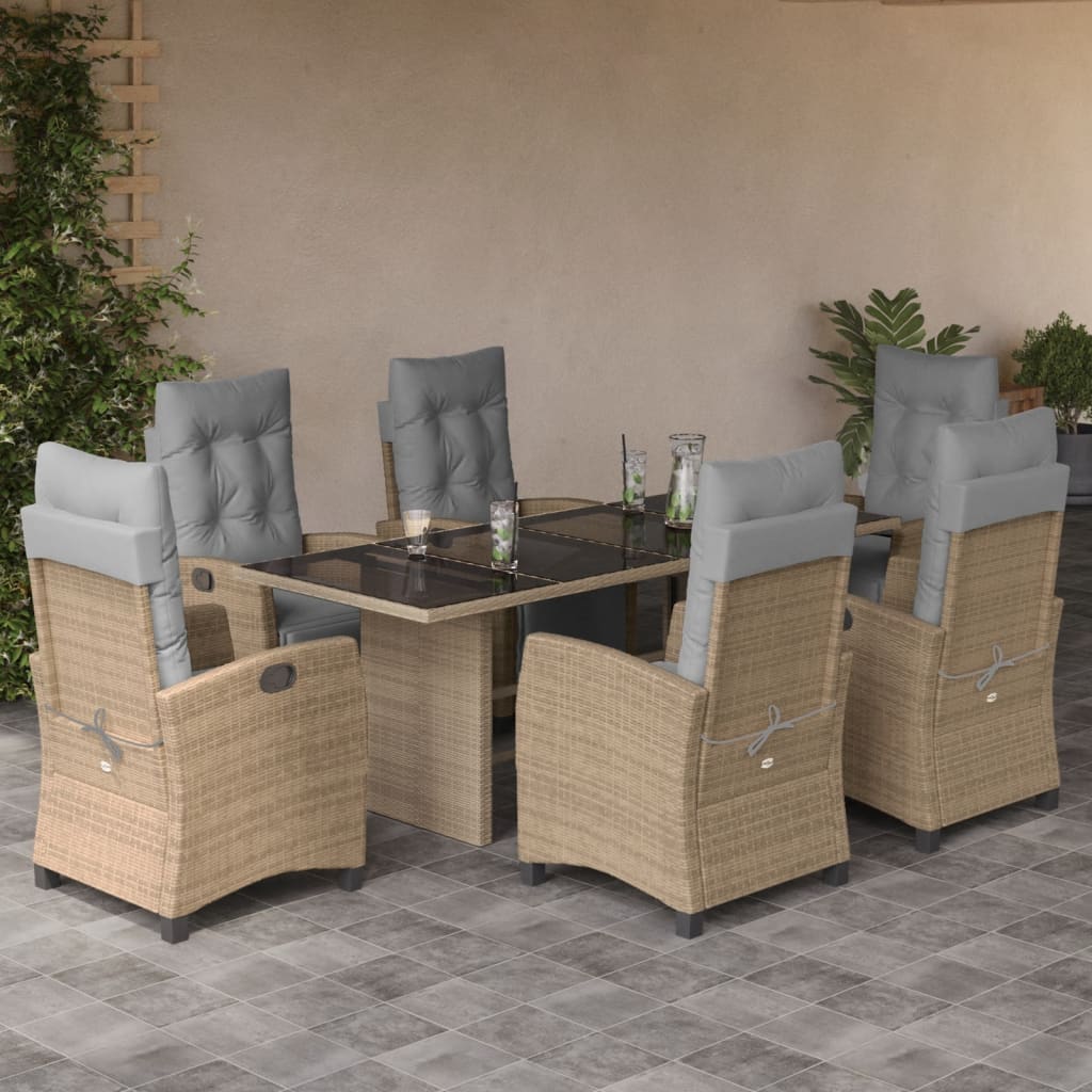 7 Pcs conj. jantar jardim c/ almofadões vime PE bege misturado