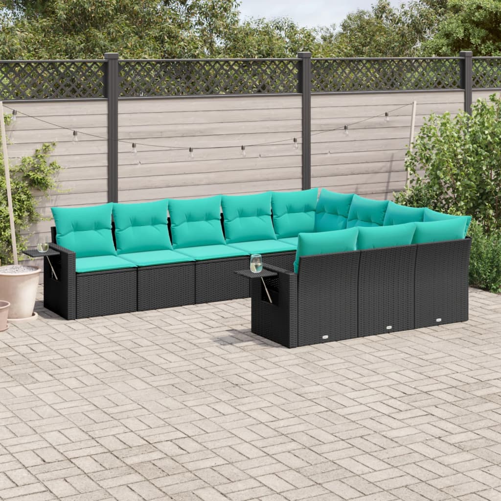Conjunto de sofá de jardim com 10 peças e almofadas em rattan sintético preto