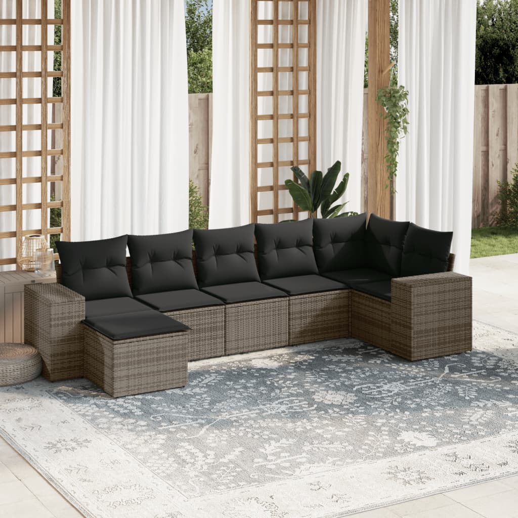 7 Pcs conjunto sofás p/ jardim c/ almofadões vime PE cinzento