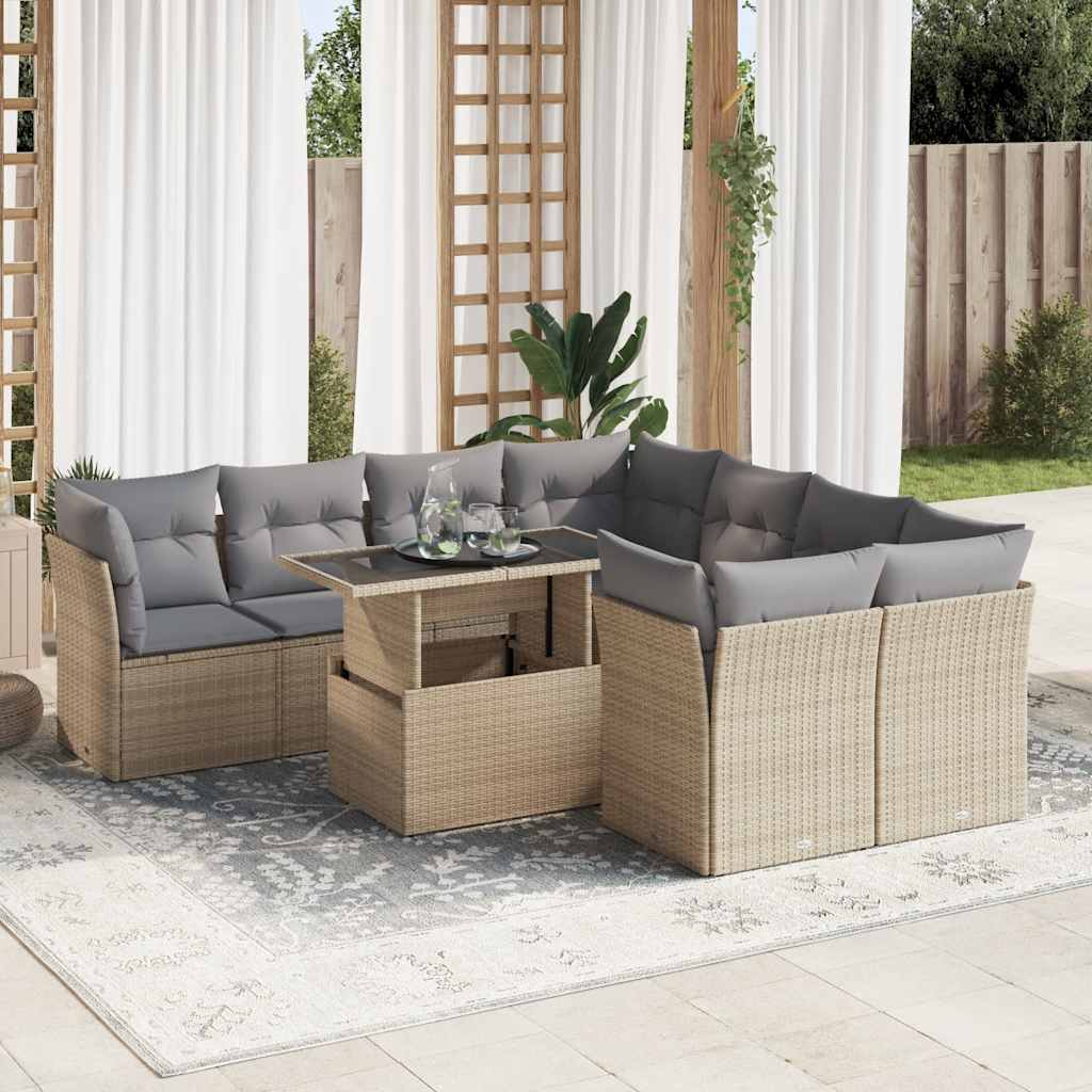 9 Pcs conjunto de sofás p/ jardim com almofadões vime PE bege