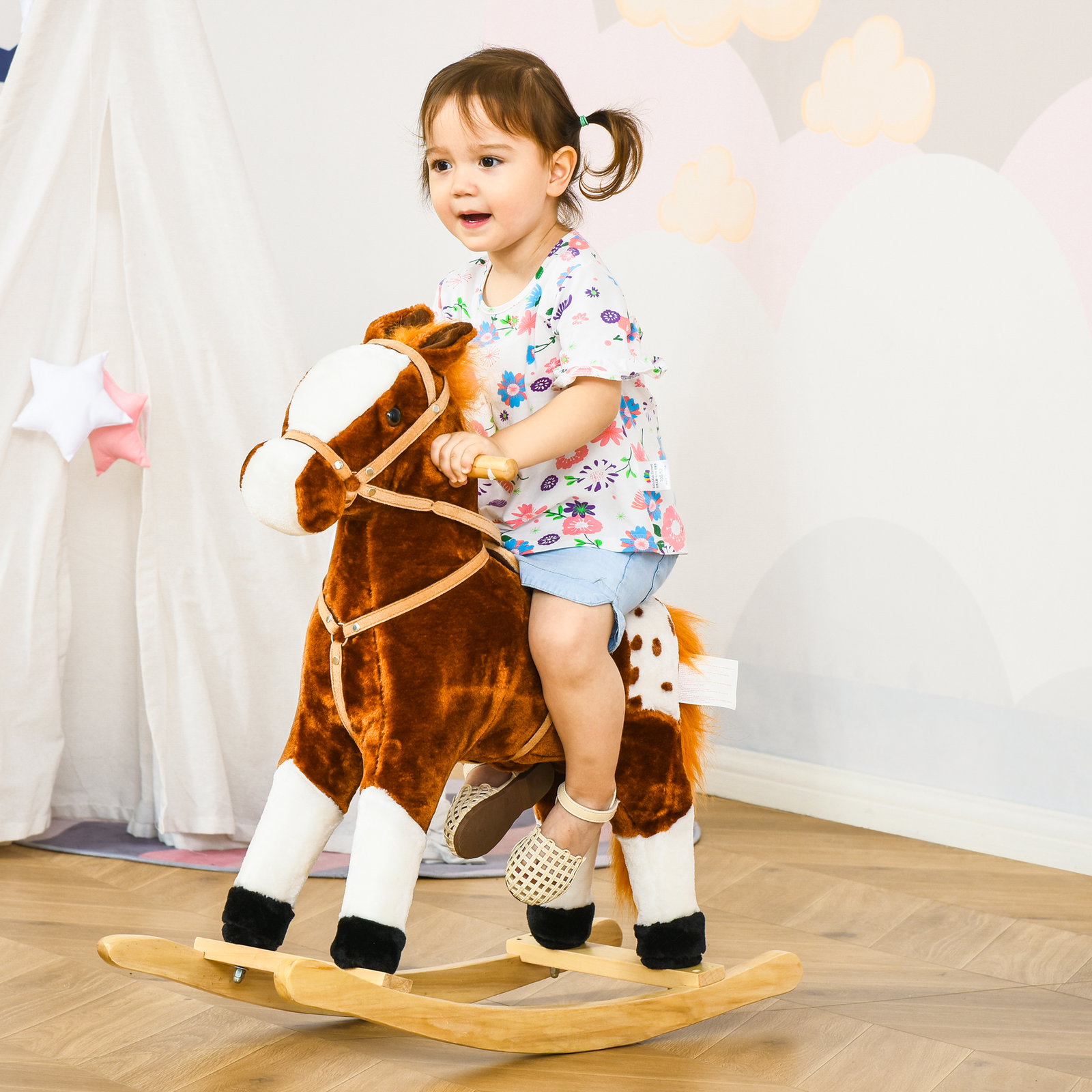 Cavalo baloiço de pelúcia para crianças entre 3-6 anos com sons de relincho 74x28x65 cm marrom