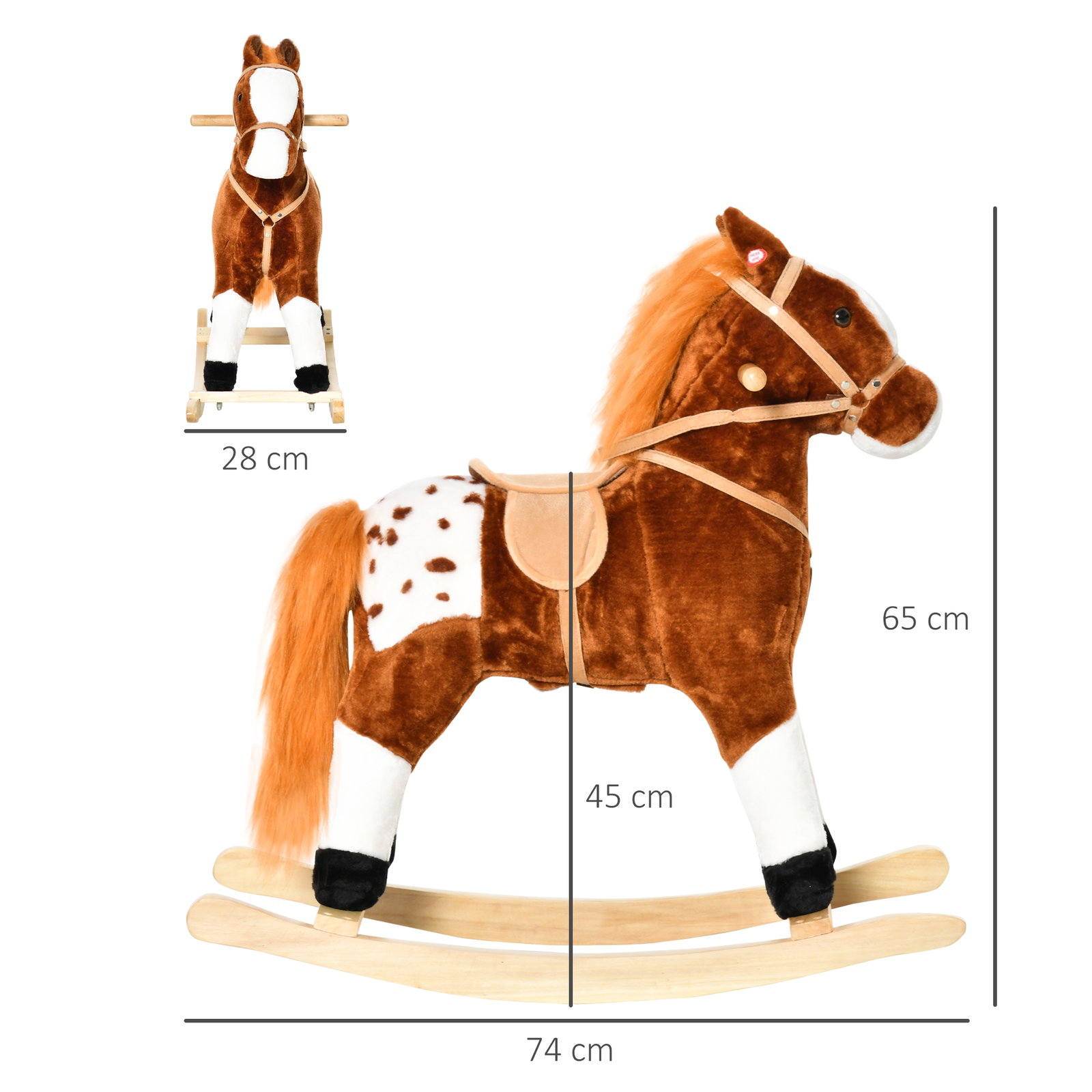 Cavalo baloiço de pelúcia para crianças entre 3-6 anos com sons de relincho 74x28x65 cm marrom