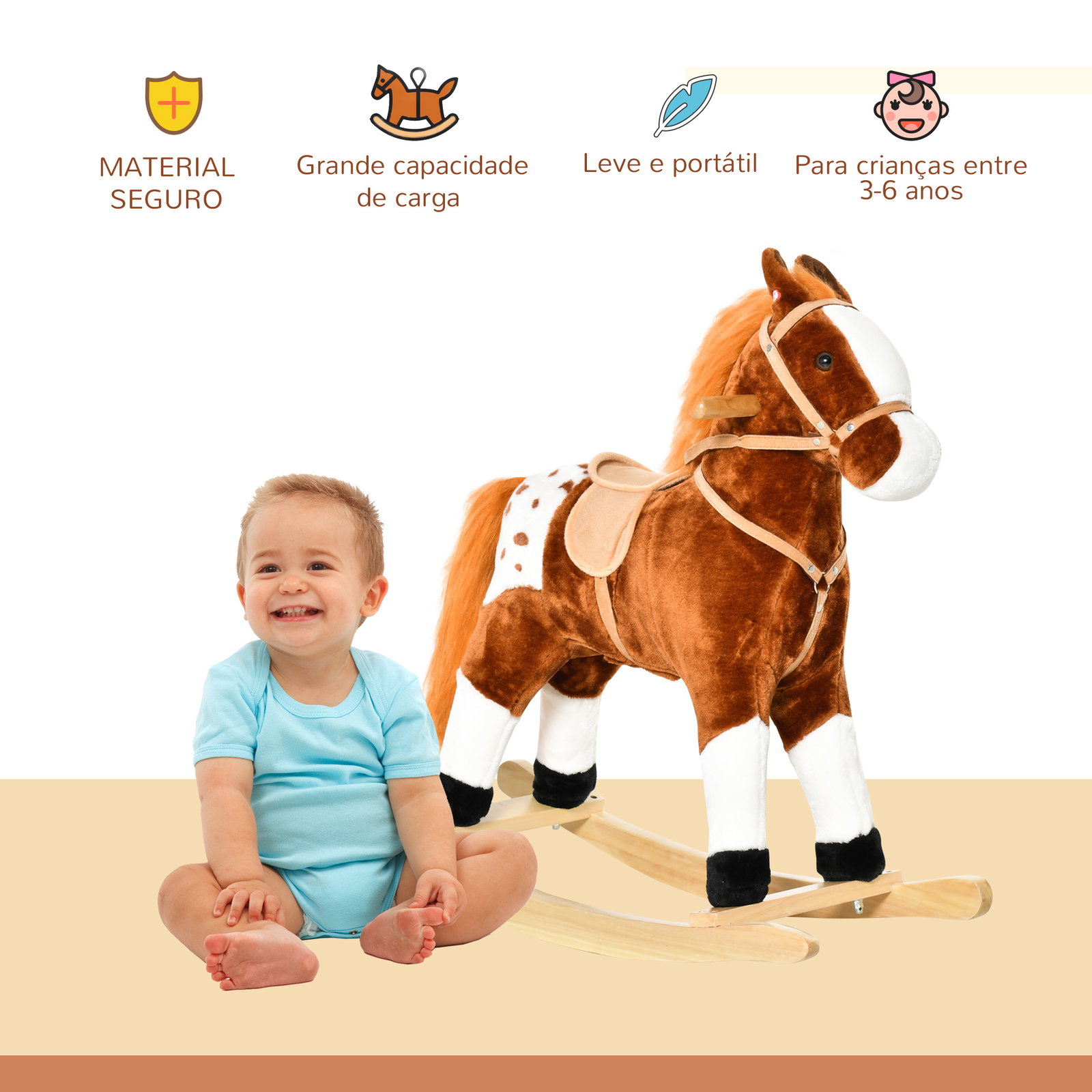 Cavalo baloiço de pelúcia para crianças entre 3-6 anos com sons de relincho 74x28x65 cm marrom