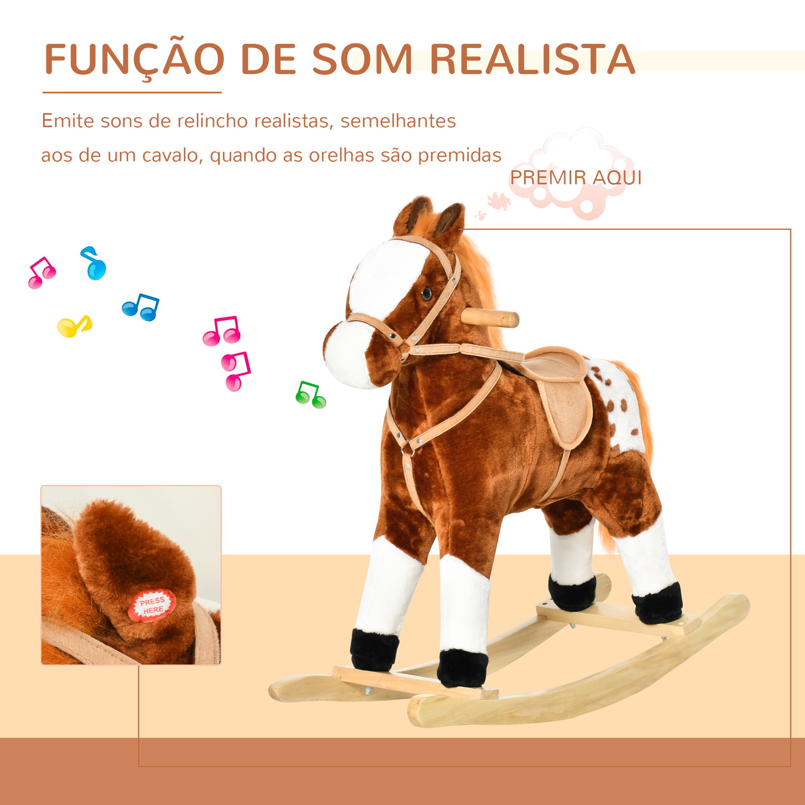 Cavalo baloiço de pelúcia para crianças entre 3-6 anos com sons de relincho 74x28x65 cm marrom