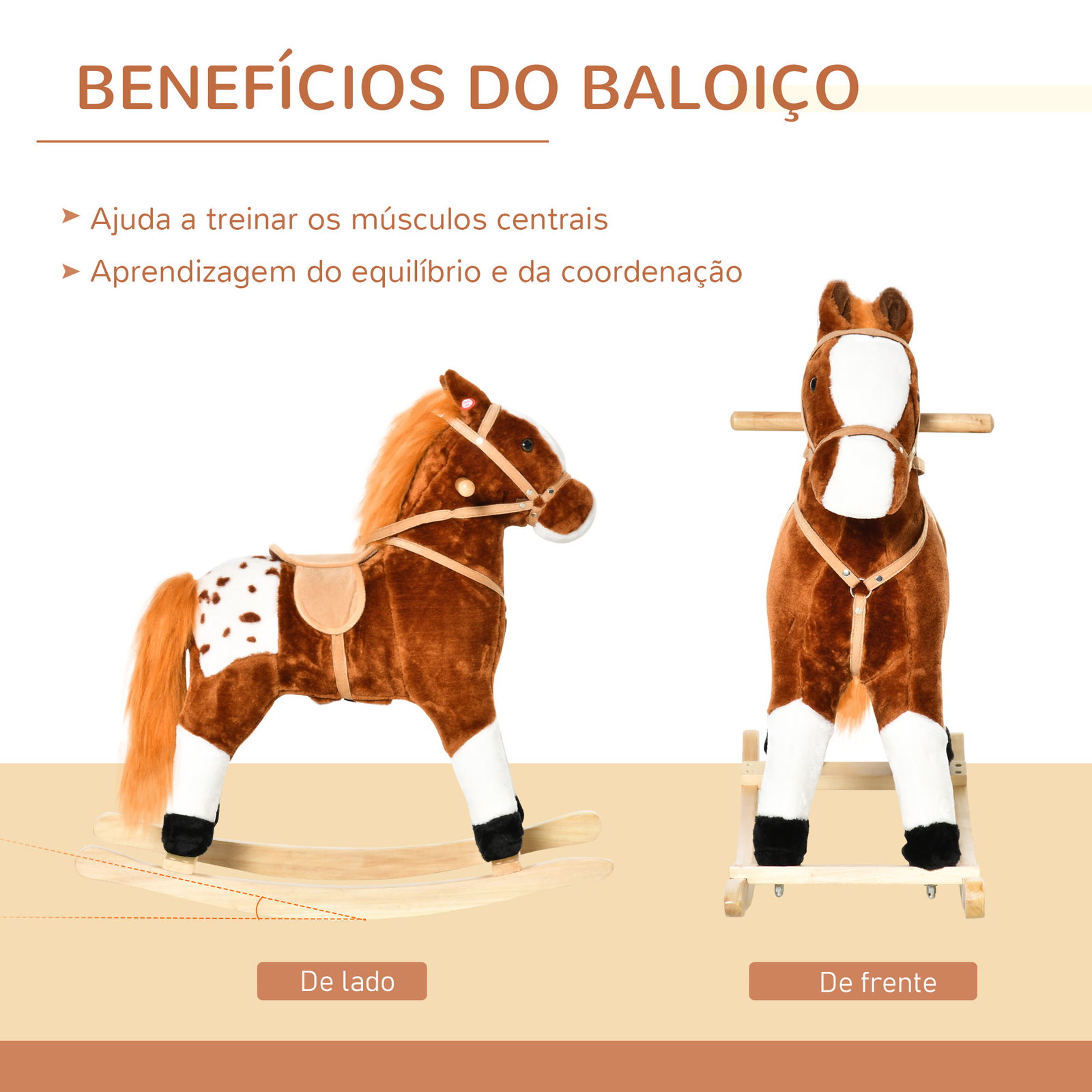 Cavalo baloiço de pelúcia para crianças entre 3-6 anos com sons de relincho 74x28x65 cm marrom