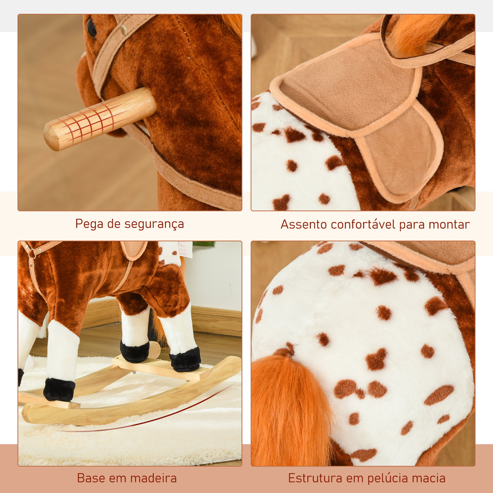 Cavalo baloiço de pelúcia para crianças entre 3-6 anos com sons de relincho 74x28x65 cm marrom