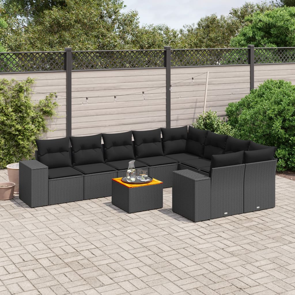 10 Pcs conjunto sofás de jardim c/ almofadões vime PE preto