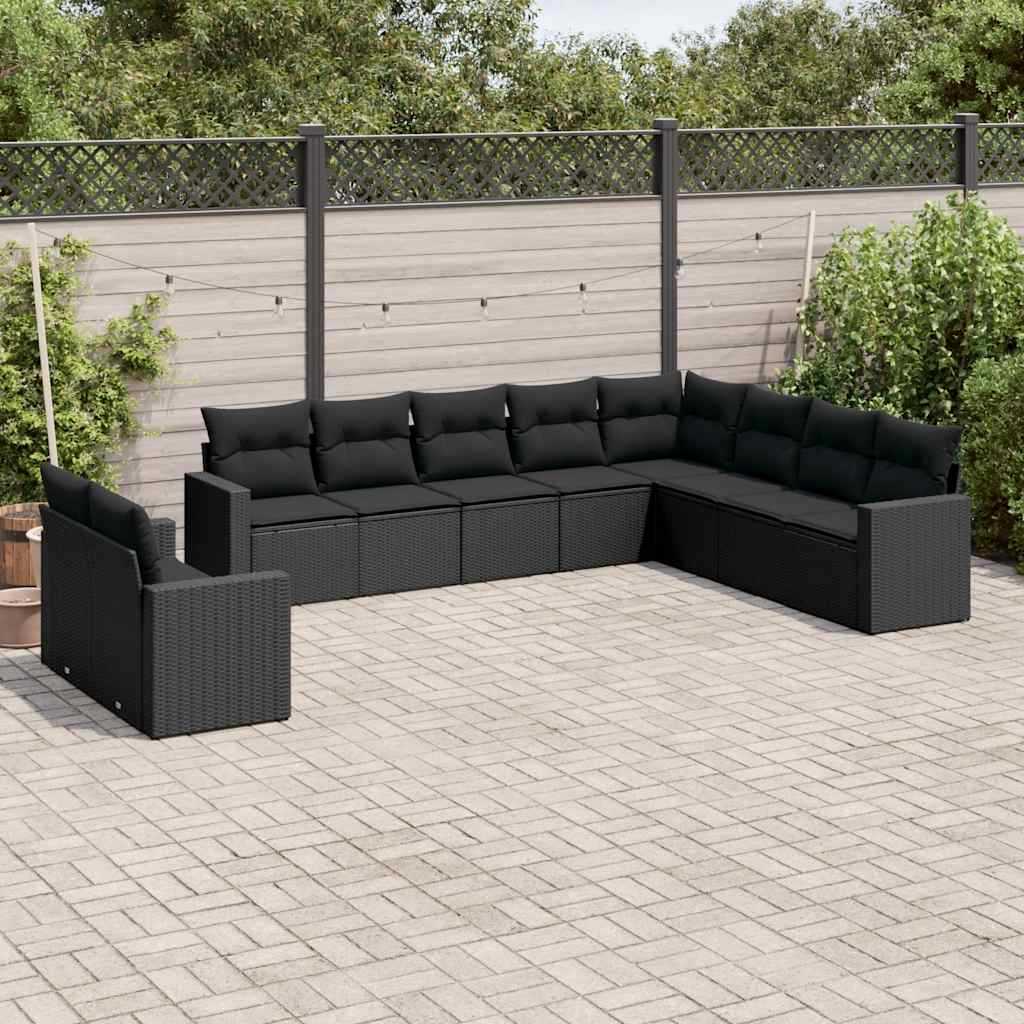 10 Pcs conjunto sofás de jardim c/ almofadões vime PE preto