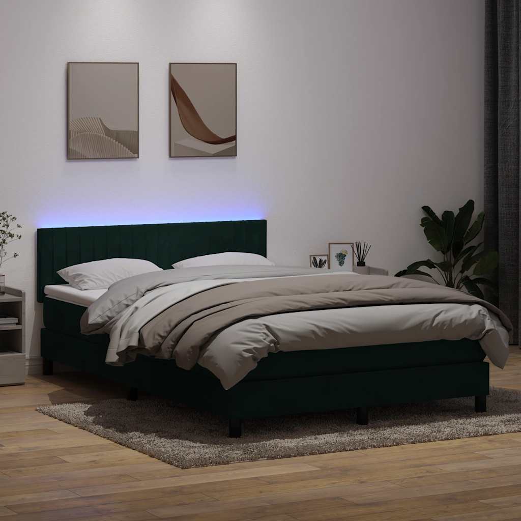 Cama box spring c/ colchão e LED 160x220 cm veludo verde-escuro