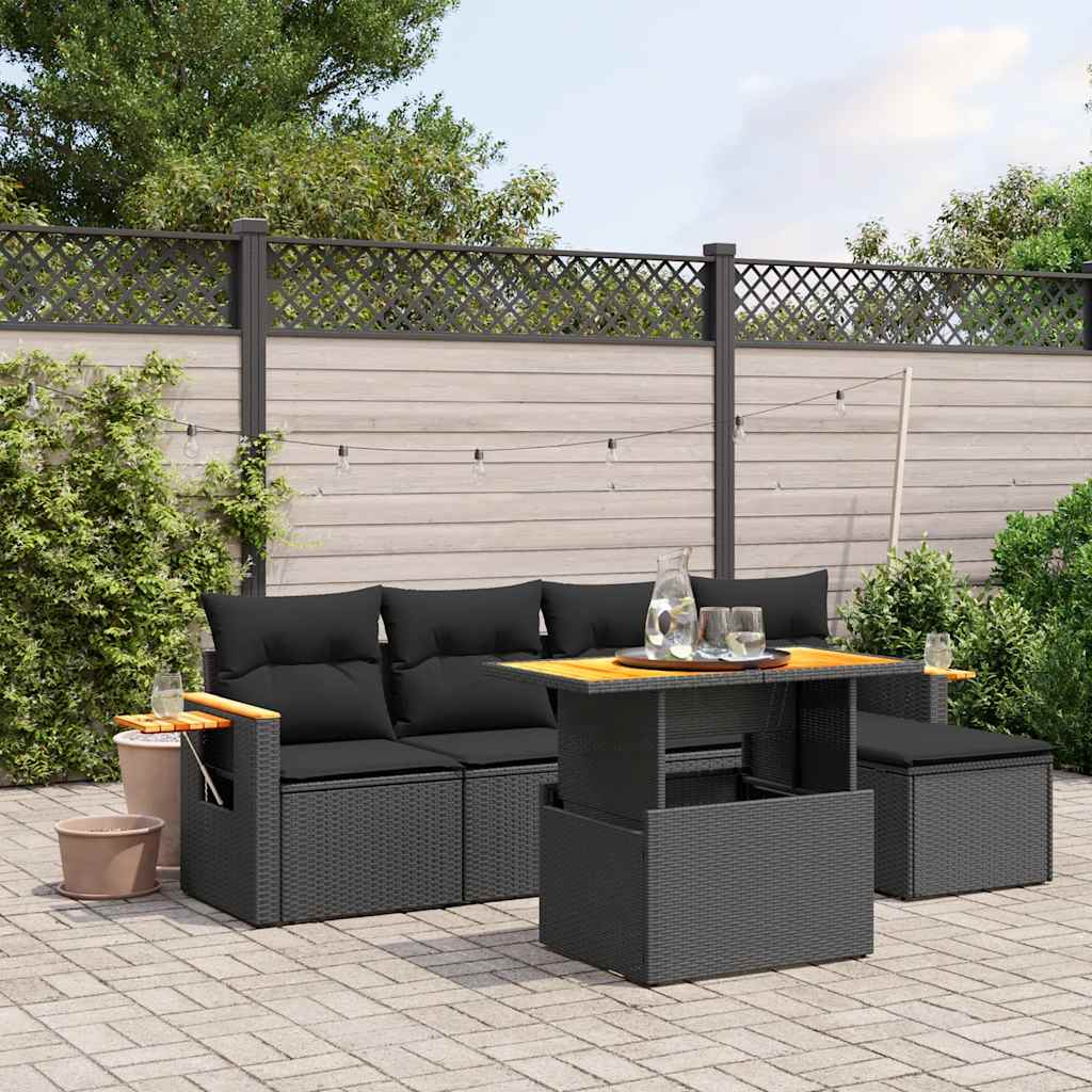 6 Pcs conjunto sofás de jardim c/ almofadões vime PE preto