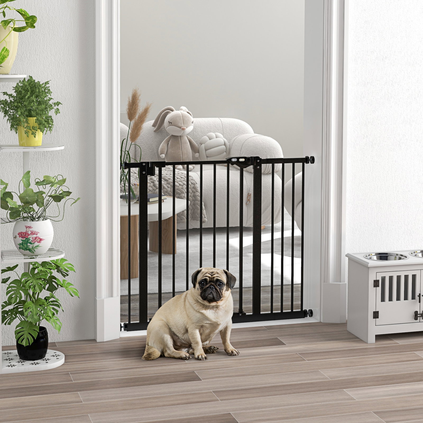 Barreira de segurança de cães para escadas e portas 74-94 cm com 1 extensão fechamento automático e sistema de duplo bloqueio aço preto