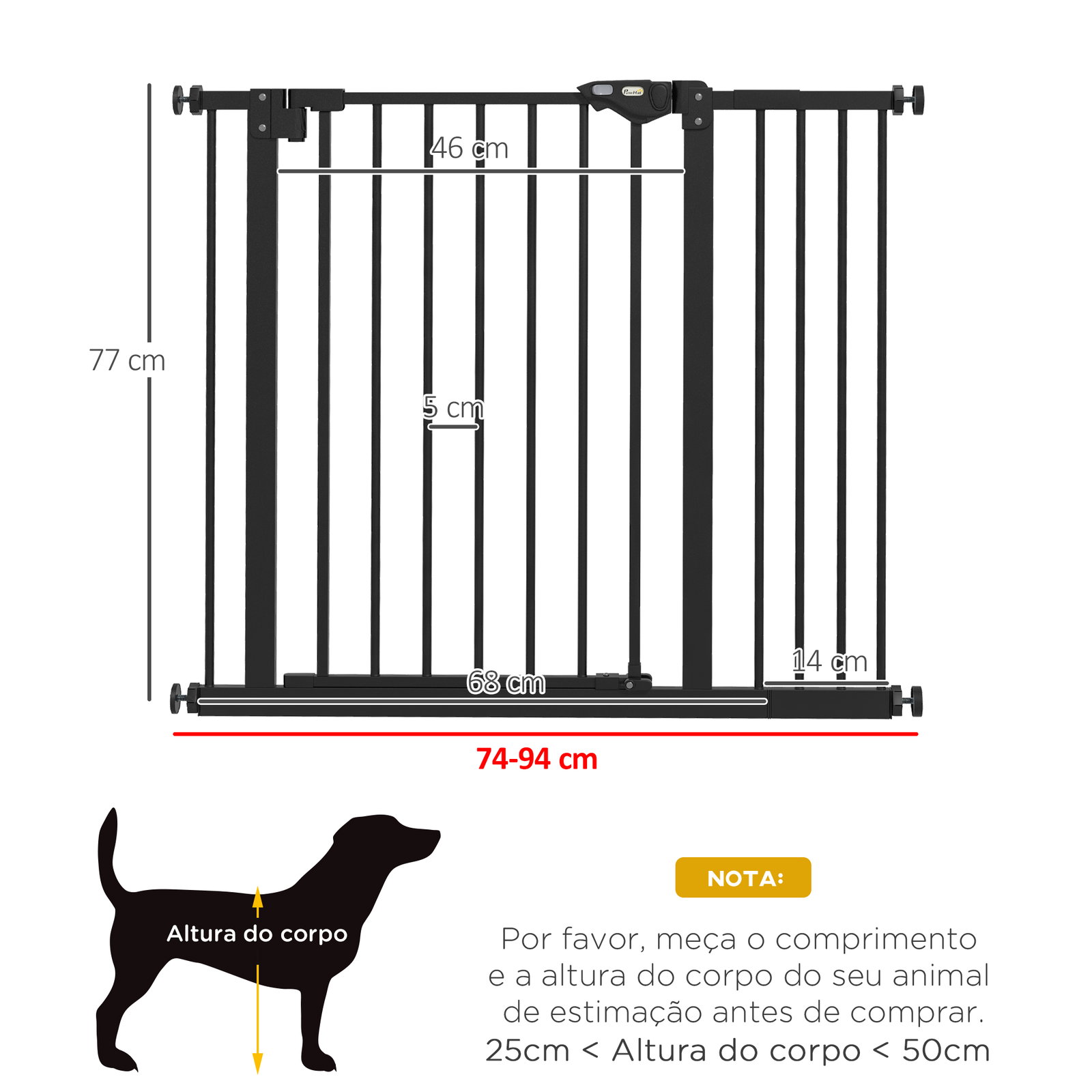 Barreira de segurança de cães para escadas e portas 74-94 cm com 1 extensão fechamento automático e sistema de duplo bloqueio aço preto
