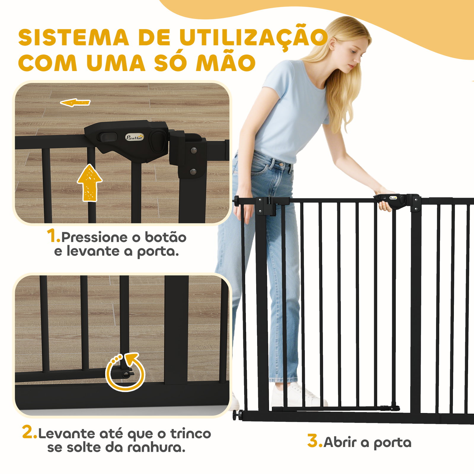 Barreira de segurança de cães para escadas e portas 74-94 cm com 1 extensão fechamento automático e sistema de duplo bloqueio aço preto