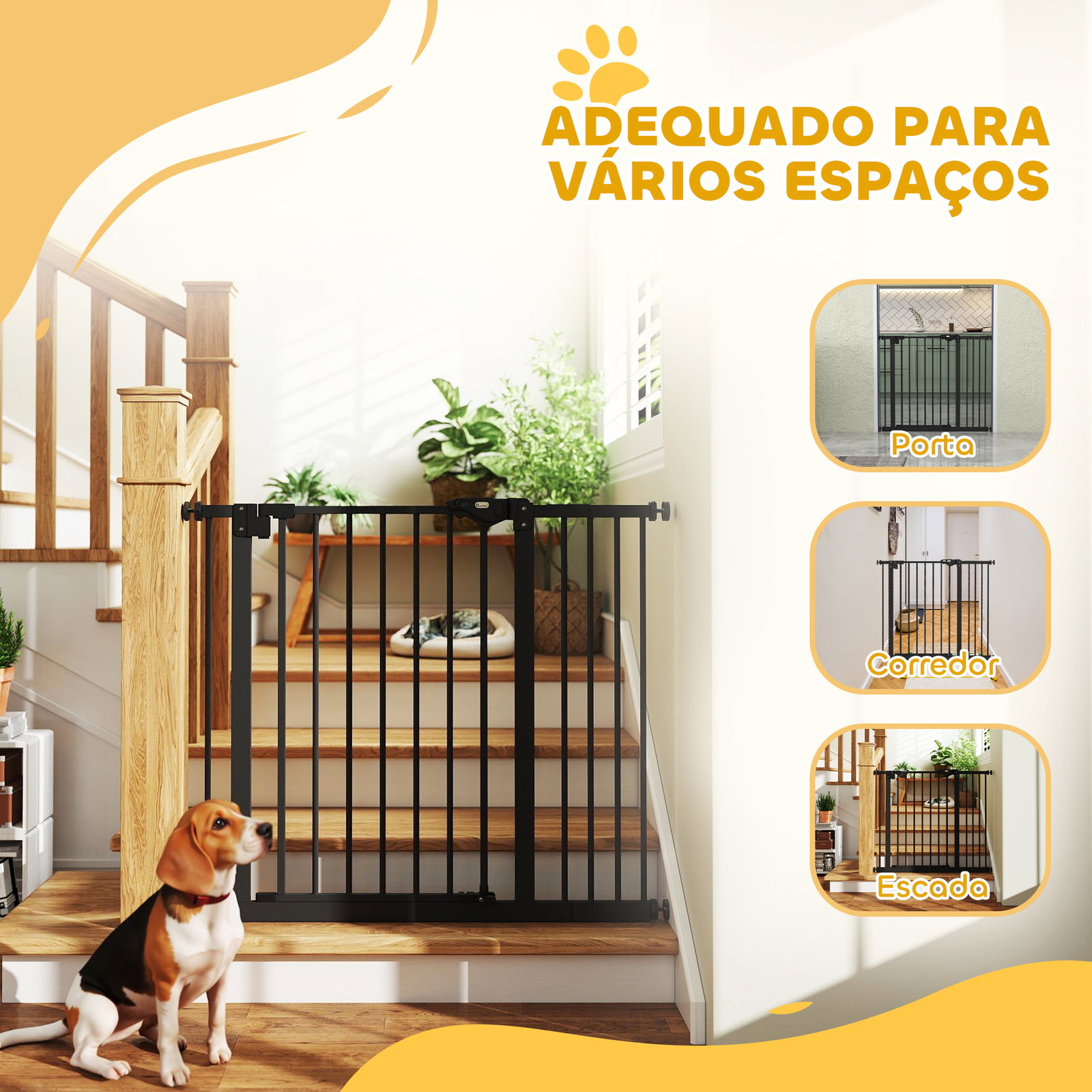 Barreira de segurança de cães para escadas e portas 74-94 cm com 1 extensão fechamento automático e sistema de duplo bloqueio aço preto