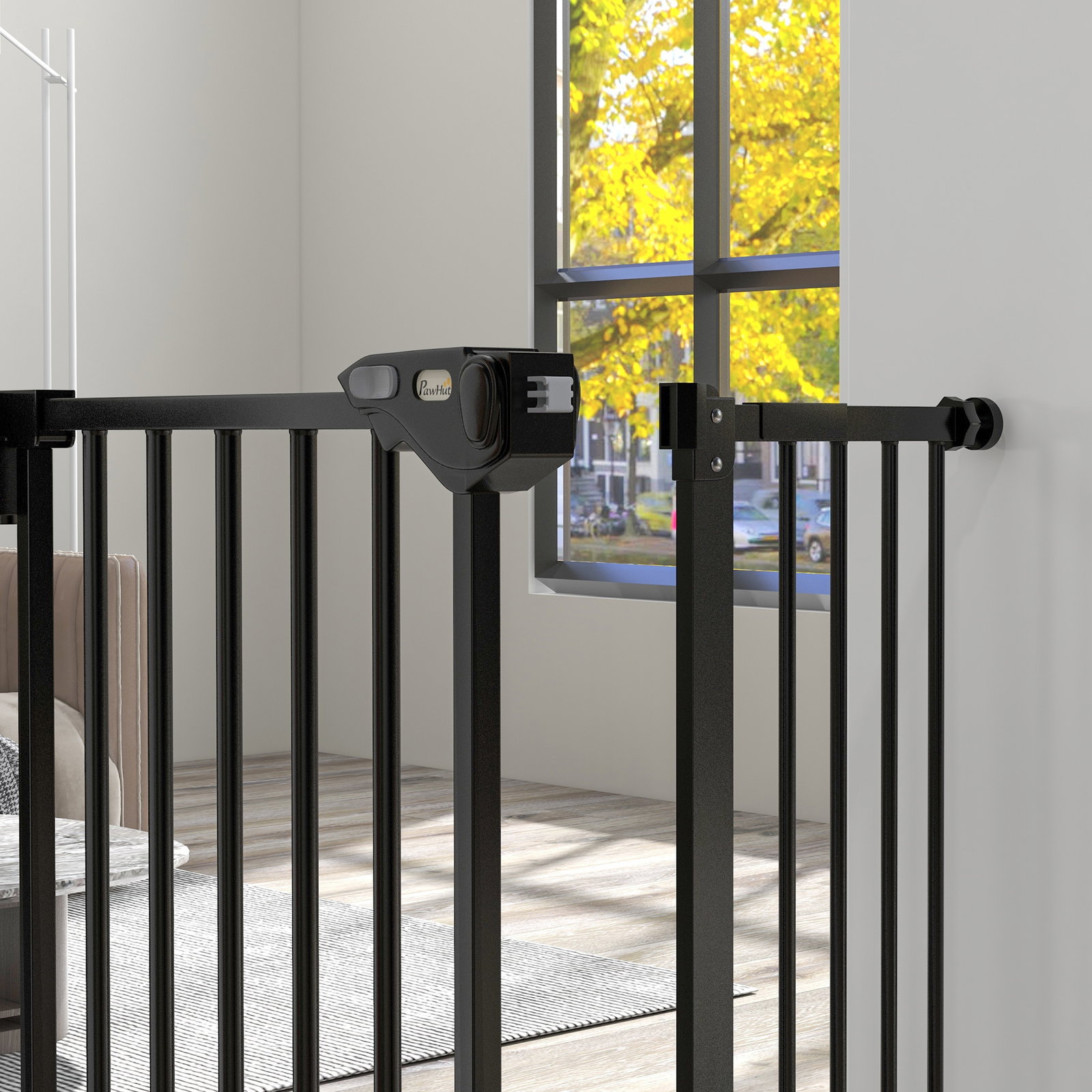 Barreira de segurança de cães para escadas e portas 74-94 cm com 1 extensão fechamento automático e sistema de duplo bloqueio aço preto