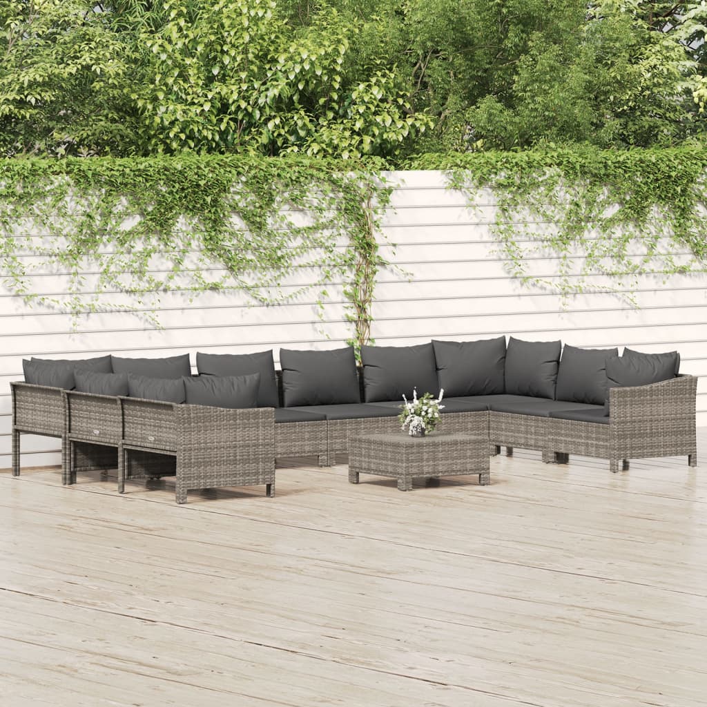 11 Pcs conjunto lounge de jardim c/ almofadões vime PE cinzento
