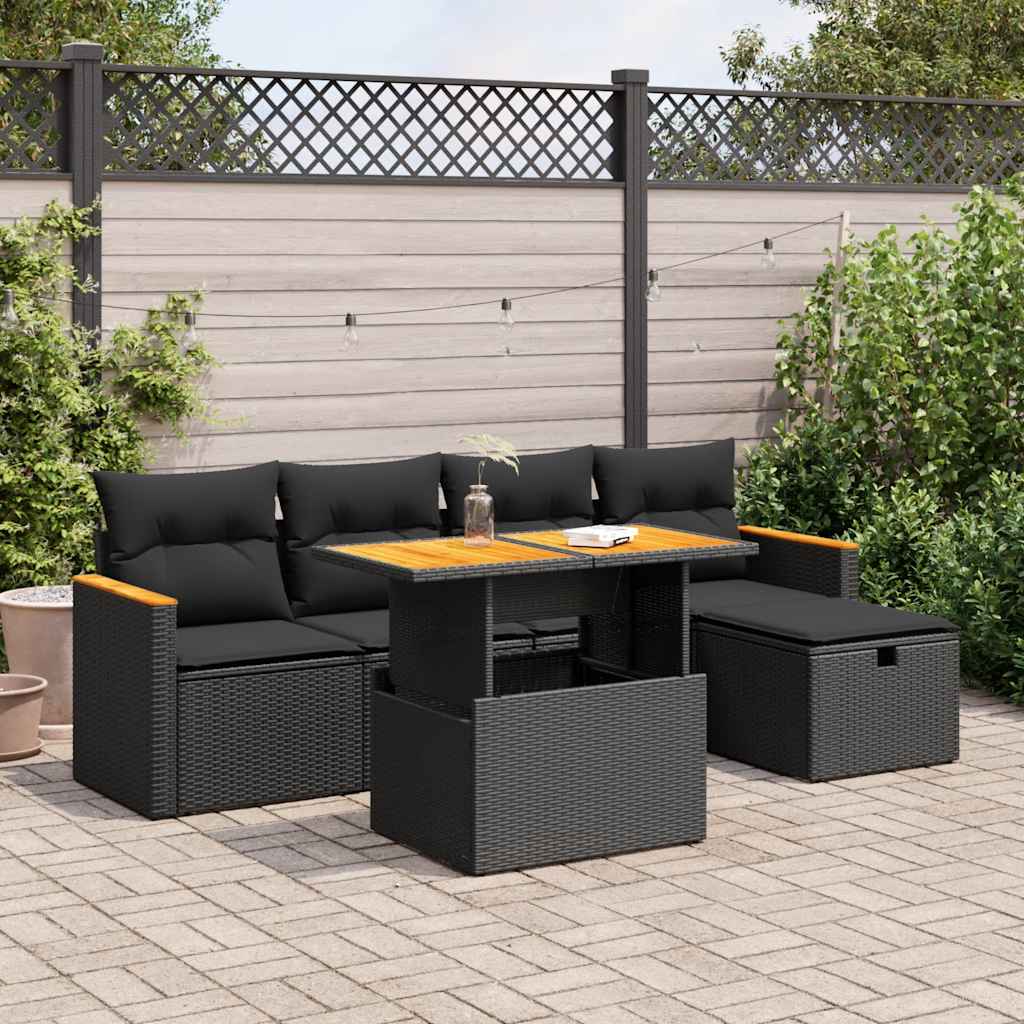 6 Pcs conjunto sofás de jardim c/ almofadões vime PE preto