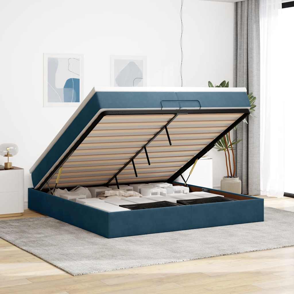 Estrutura de cama otomana com colchão azul escuro veludo