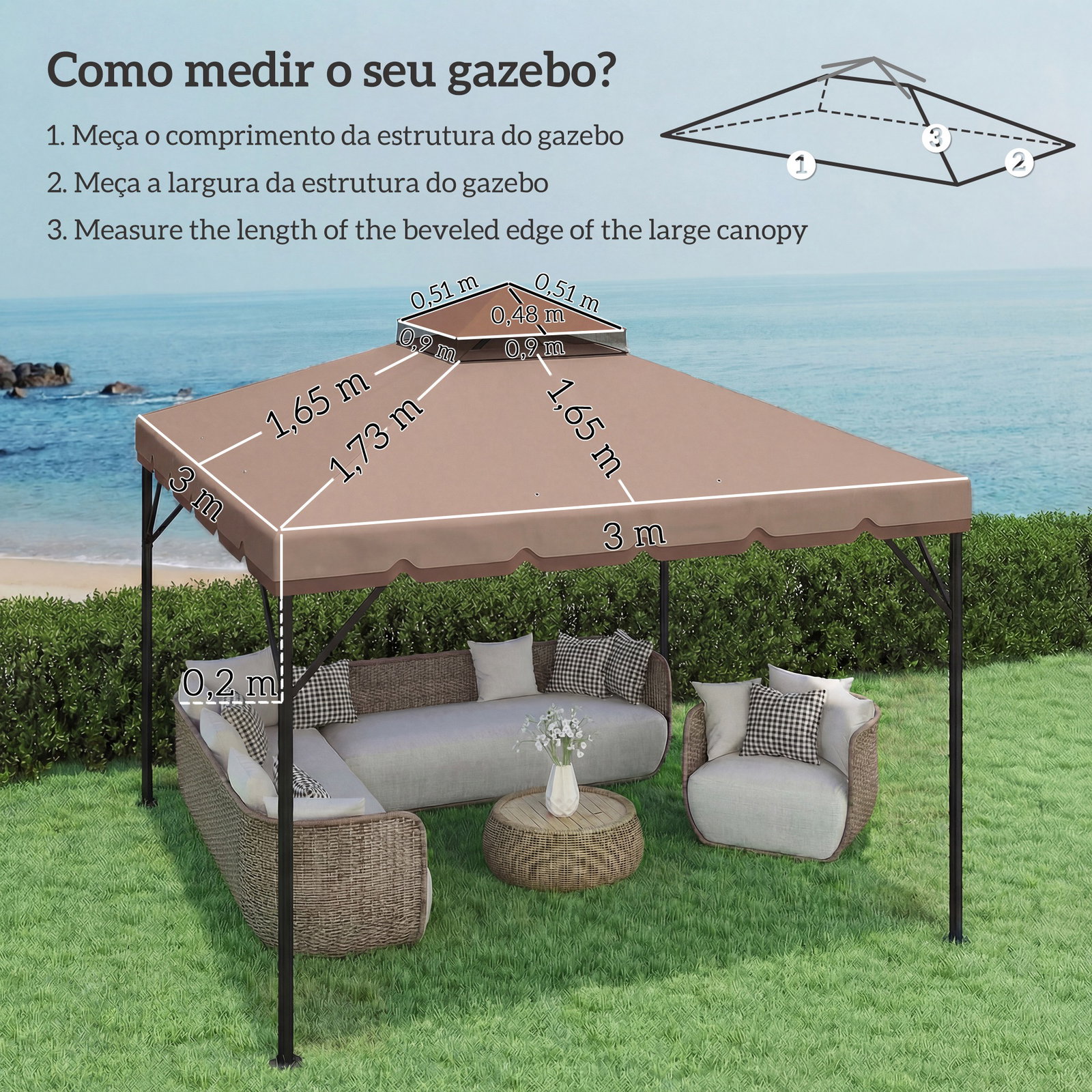 Toldo de substituição 3x3 m com teto duplo orifícios de drenagem e upf 30+ apenas toldo não inclui estrutura caqui