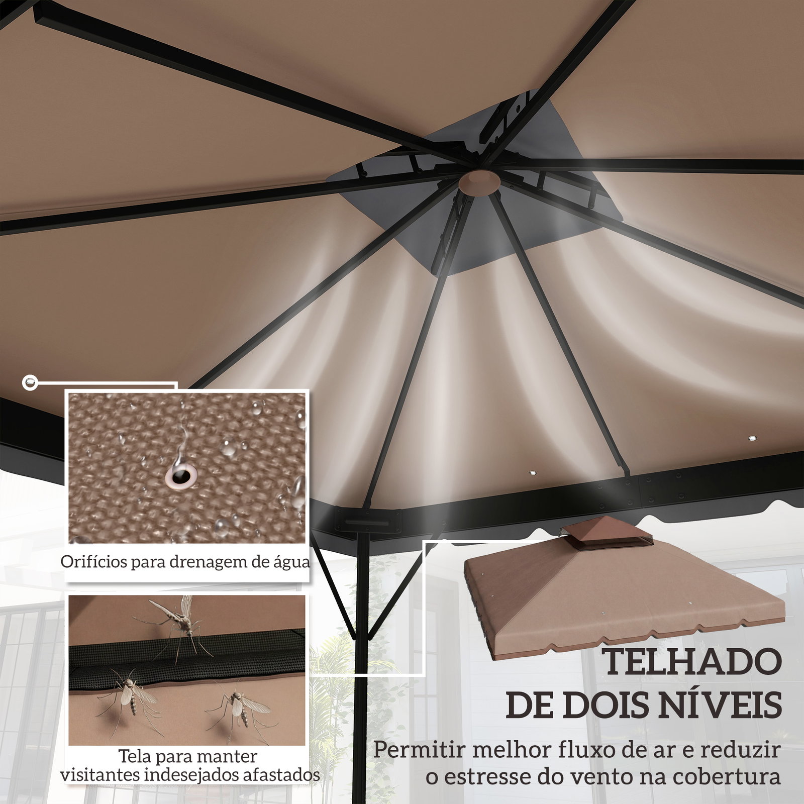 Toldo de substituição 3x3 m com teto duplo orifícios de drenagem e upf 30+ apenas toldo não inclui estrutura caqui