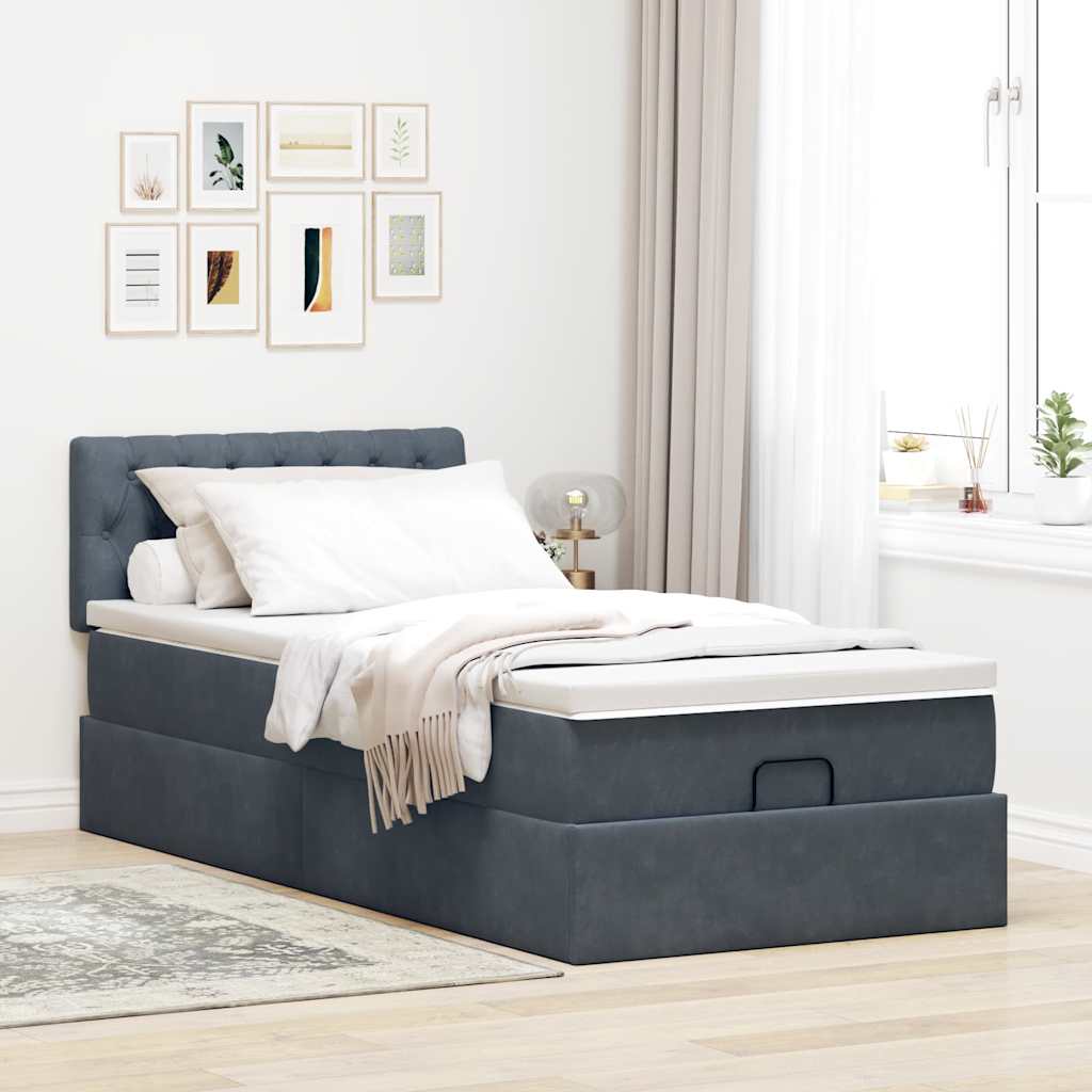 Estrutura de cama otomana com colchão cinza escuro veludo