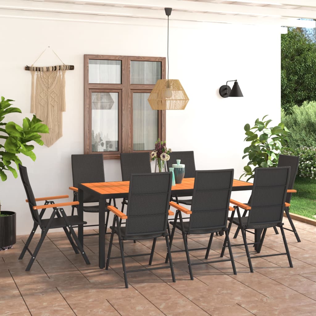 9 Pcs conjunto de jantar para jardim preto e castanho