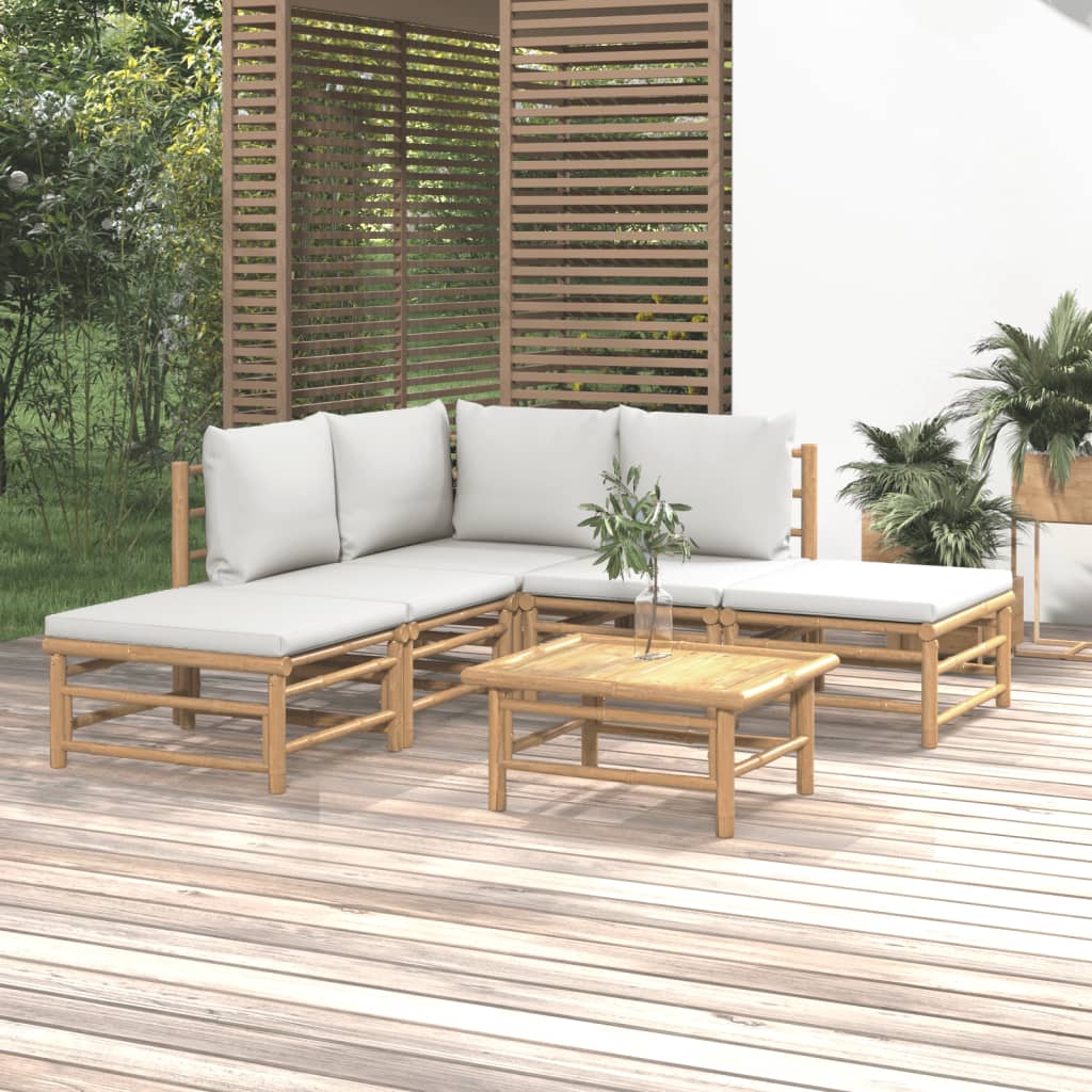 6 Pcs conj. lounge de jardim bambu c/ almofadões cinzento-claro