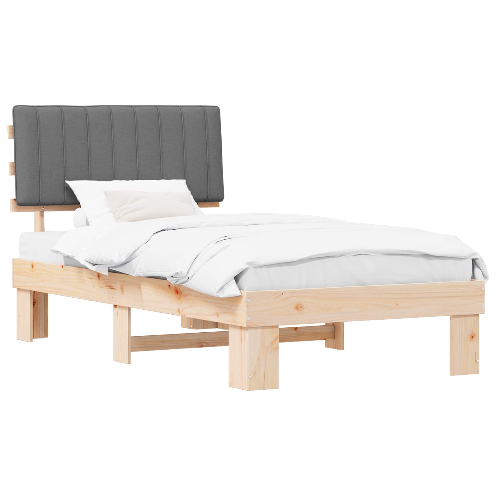 Estrutura de cama com cabeceira estofada cinzento-claro