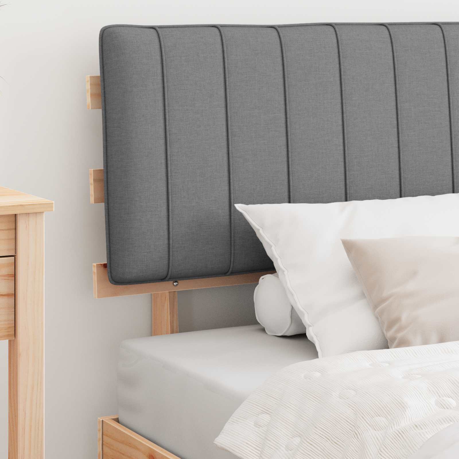 Estrutura de cama com cabeceira estofada cinzento-claro