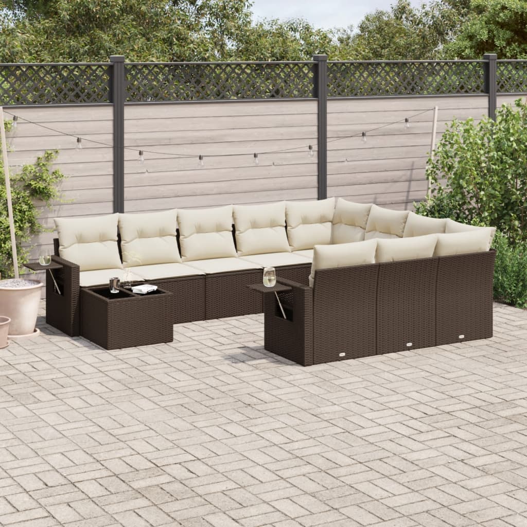 11 Pcs conjunto sofás de jardim c/ almofadões vime PE castanho