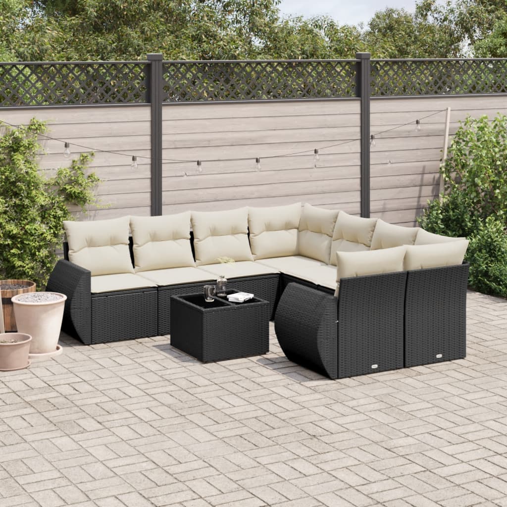9 Pcs conjunto de sofás p/ jardim c/ almofadões vime PE preto