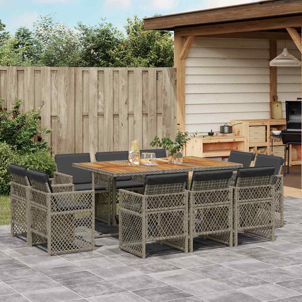 11 Pcs conjunto jantar p/ jardim c/ almofadões vime PE cinzento