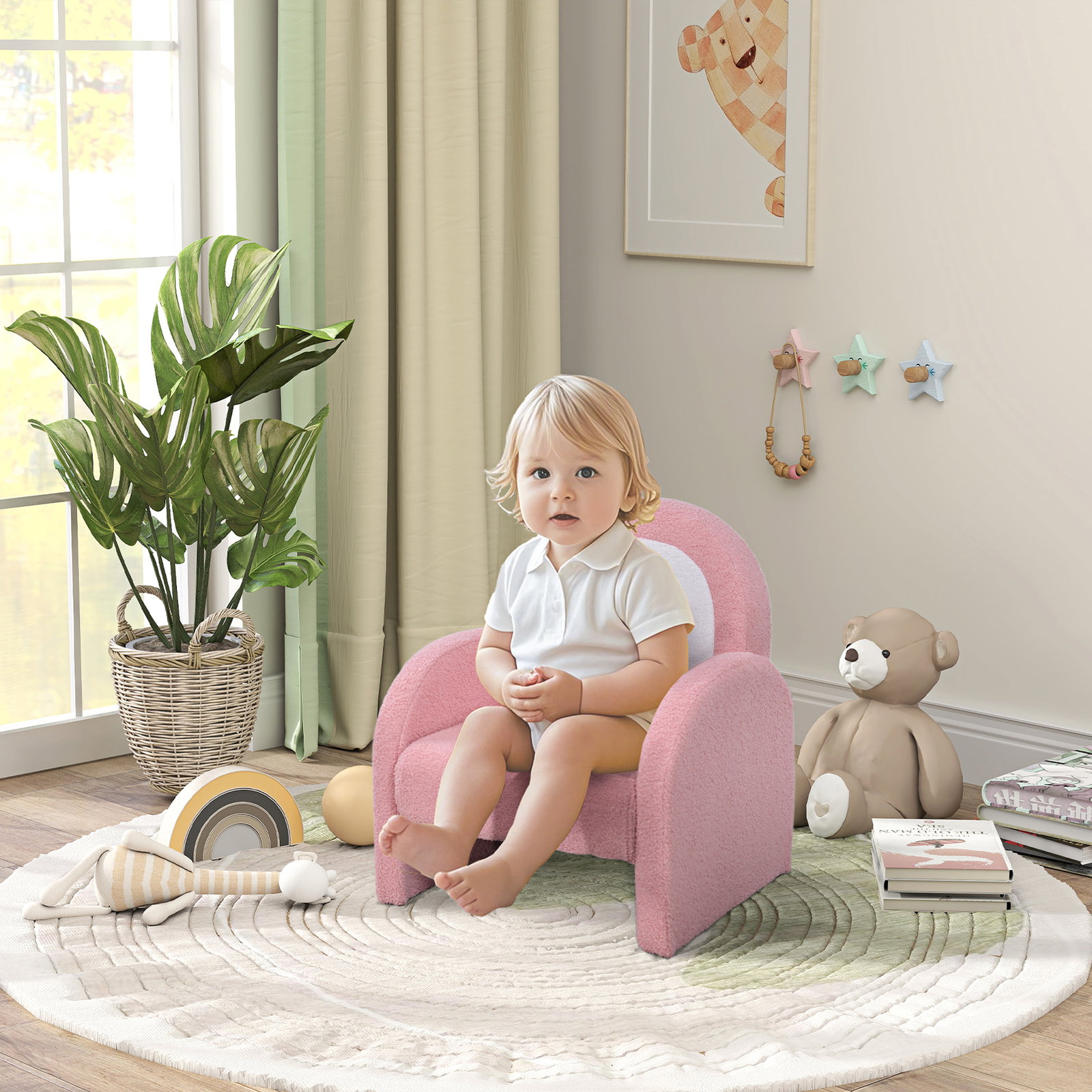 Poltrona para crianças com encosto em forma de arco-íris sofá para crianças tecido suave em borrego 45x41x52 cm rosa