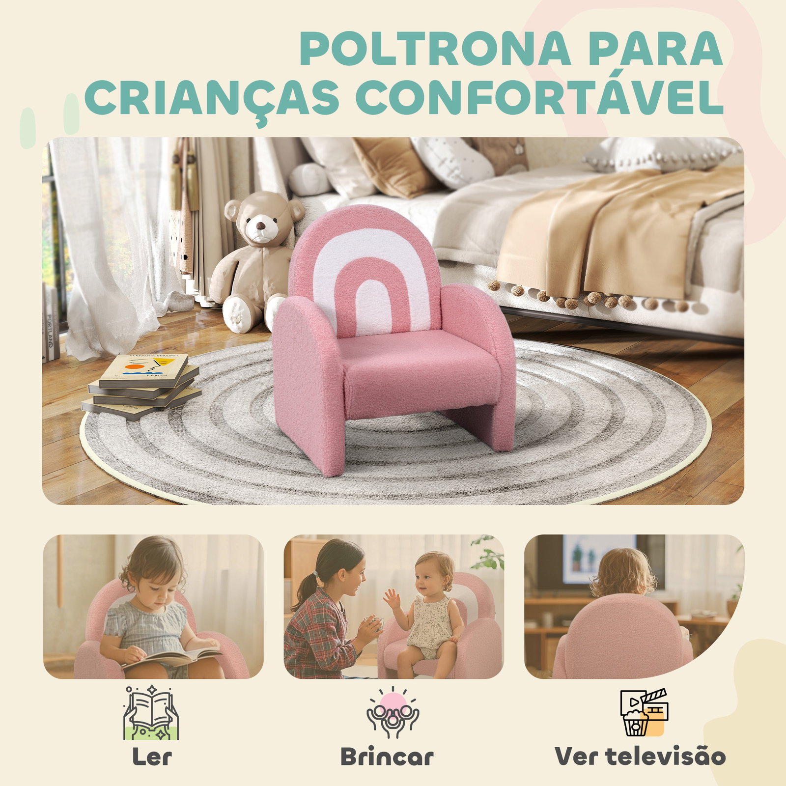 Poltrona para crianças com encosto em forma de arco-íris sofá para crianças tecido suave em borrego 45x41x52 cm rosa